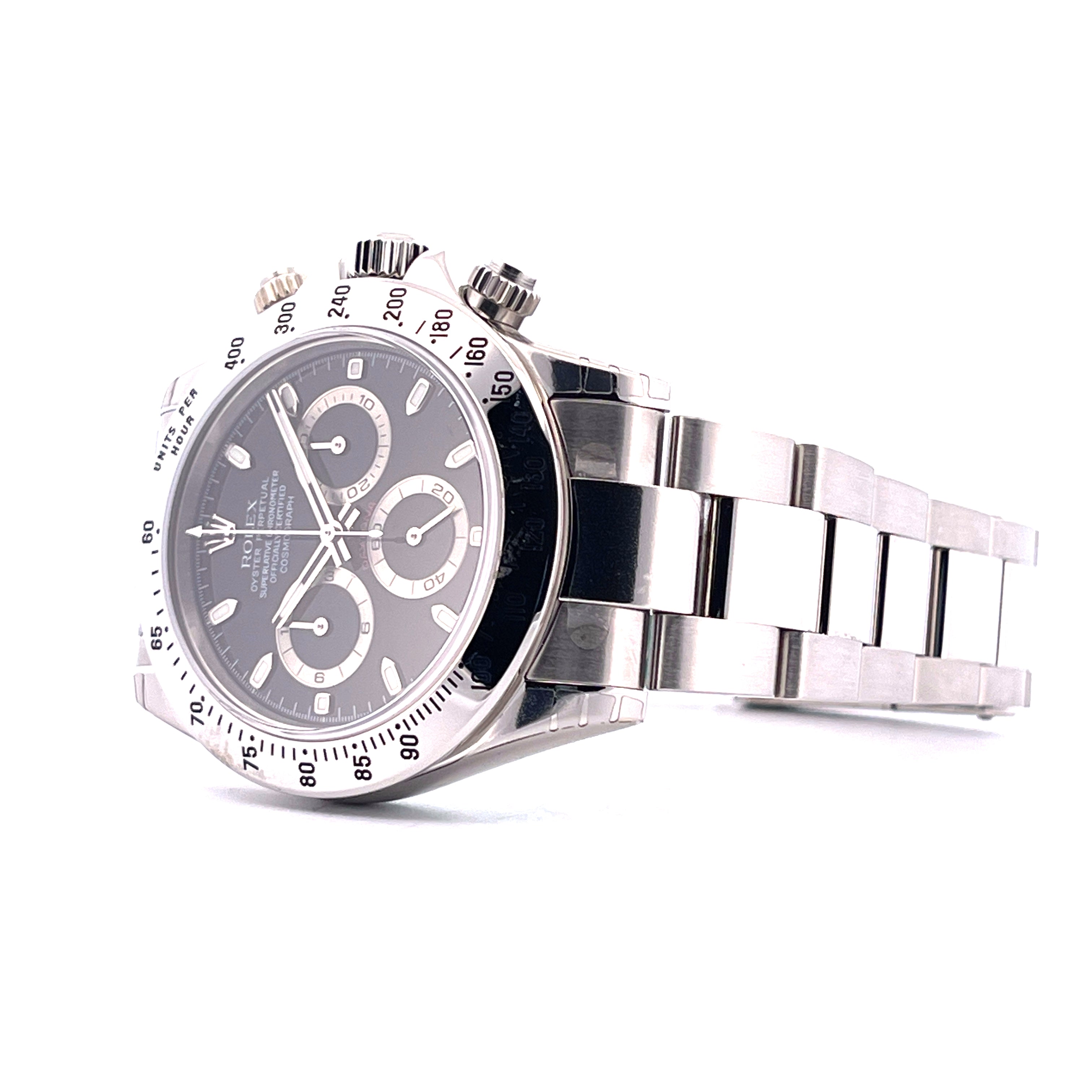 Rolex Daytona 116520 mit schwarzem Zifferblatt, Edelstahlarmband und Tachymeterskala aus poliertem Stahl