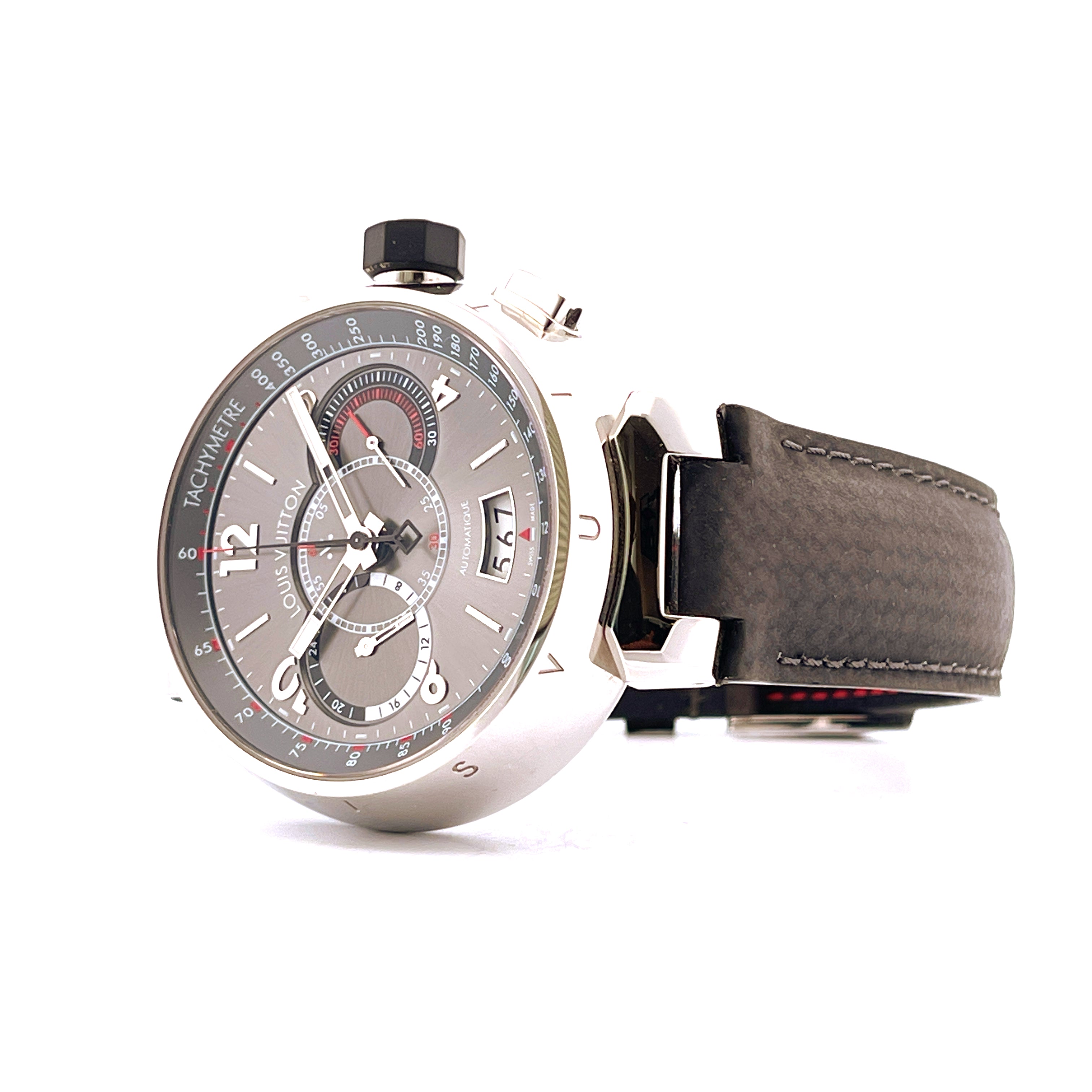 Louis Vuitton Tambour Chronograph aus Edelstahl mit Automatikwerk und grauem Zifferblatt