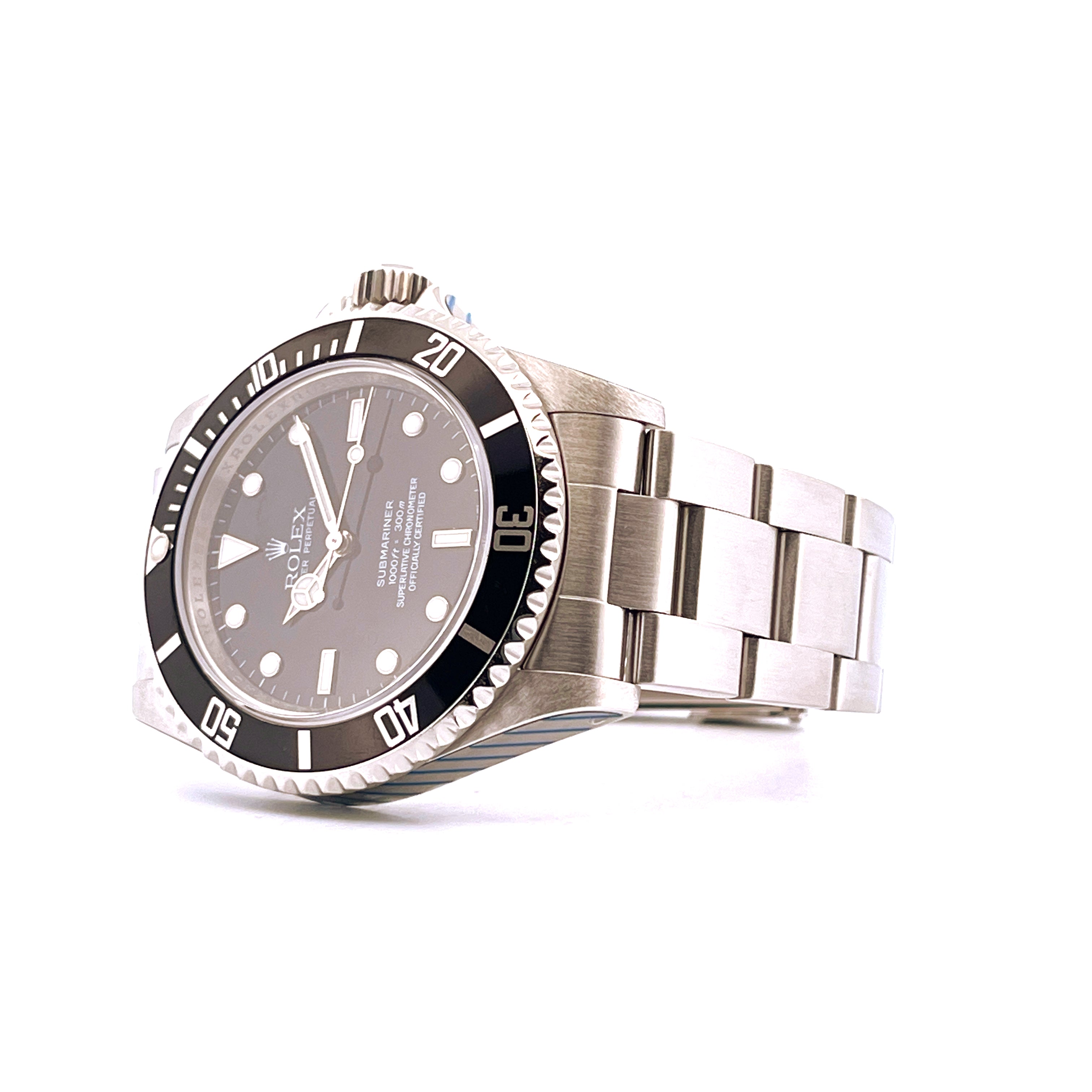 Rolex Submariner No Date 14060M Stahl auf weißem Hintergrund im Seitenprofil
