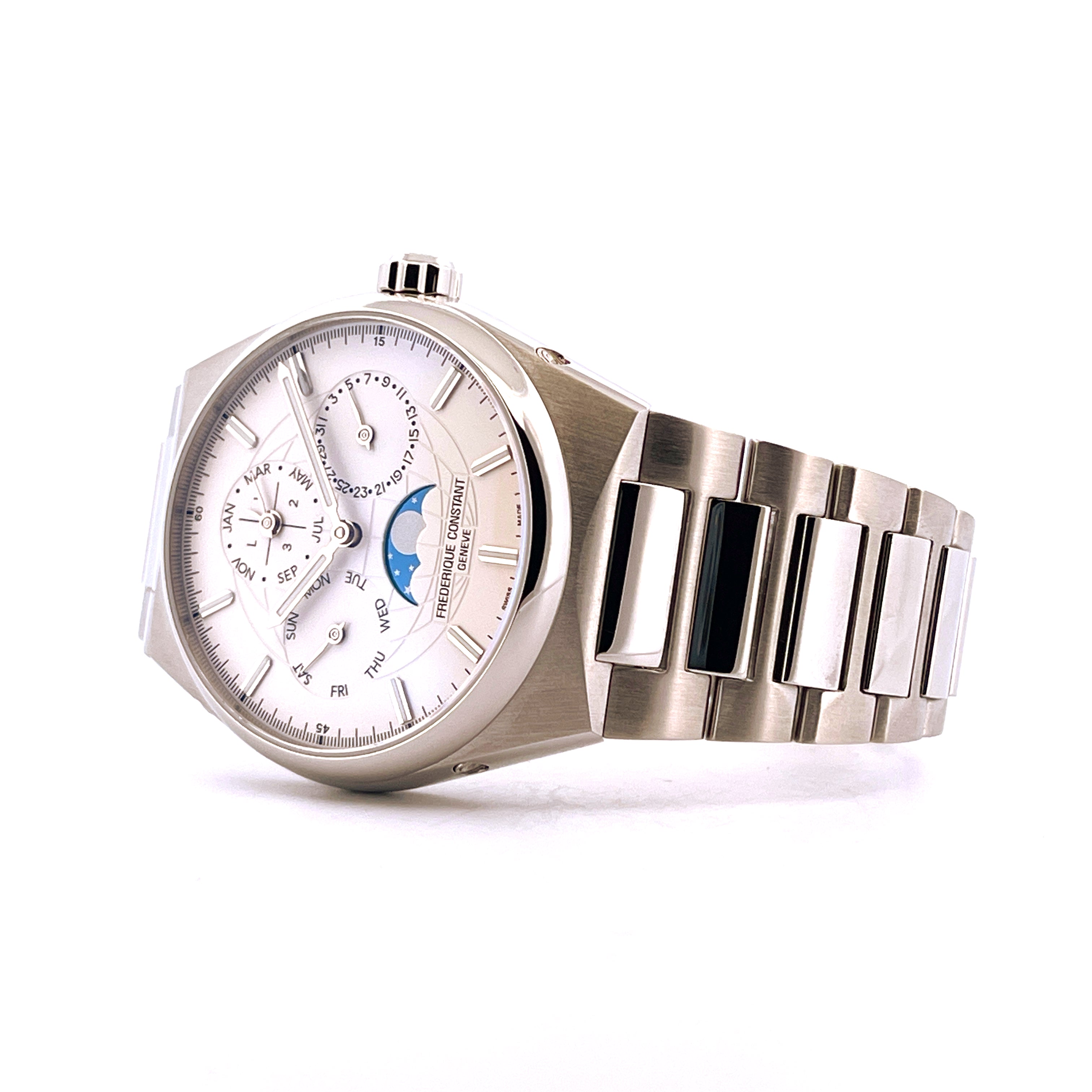 Frederique Constant Highlife Perpetual Calendar Manufacture Automatique Edelstahluhr mit Mondphasenanzeige von vorne recht…