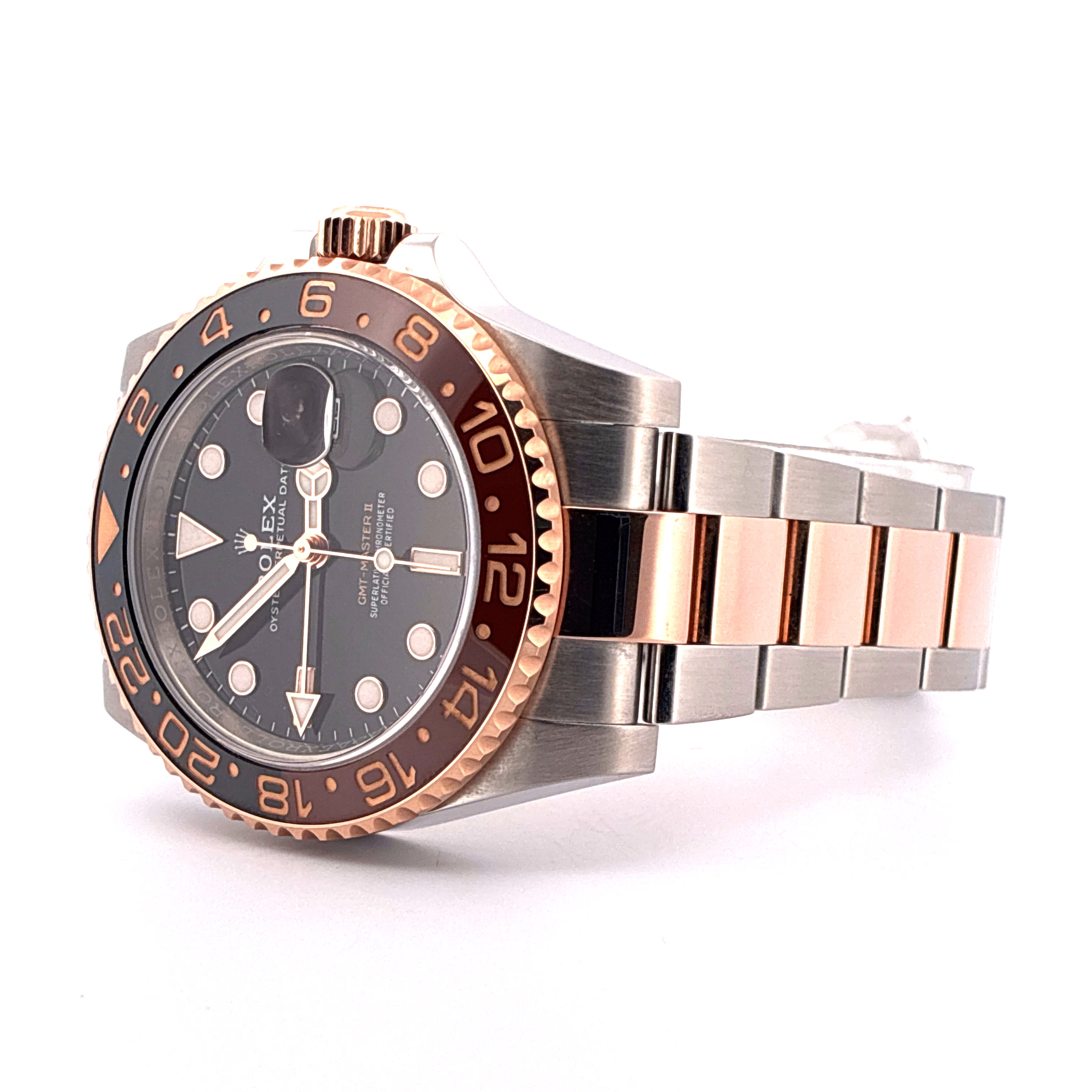 Rolex GMT-Master II "Rootbeer" in Stahl-Roségold mit dunkelbrauner und schwarzer Lünette, dunkelgrauem Zifferblatt und bic…