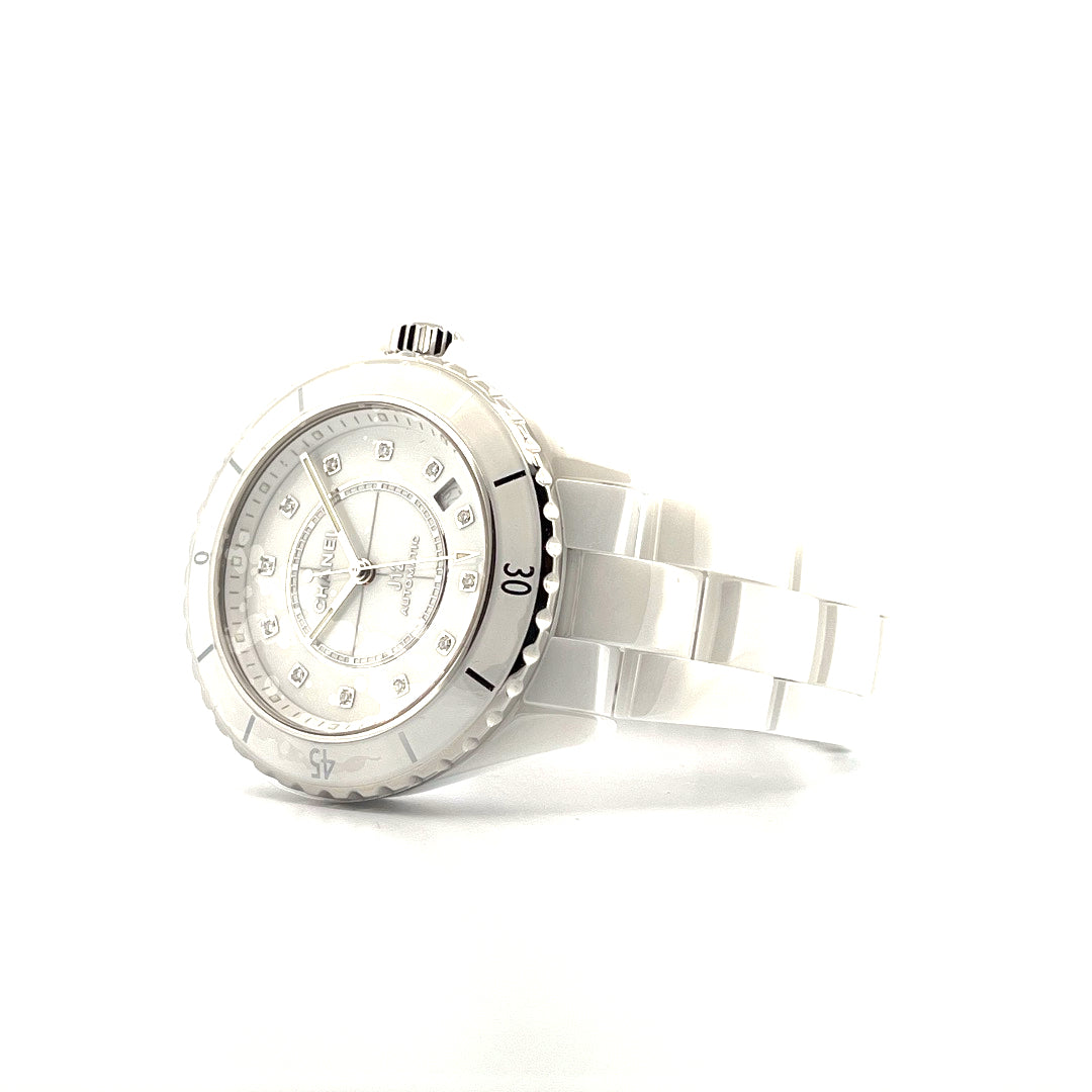 Chanel J12 38mm Automatik-Uhr aus weißer Keramik mit Diamanten auf dem Zifferblatt und Metallband