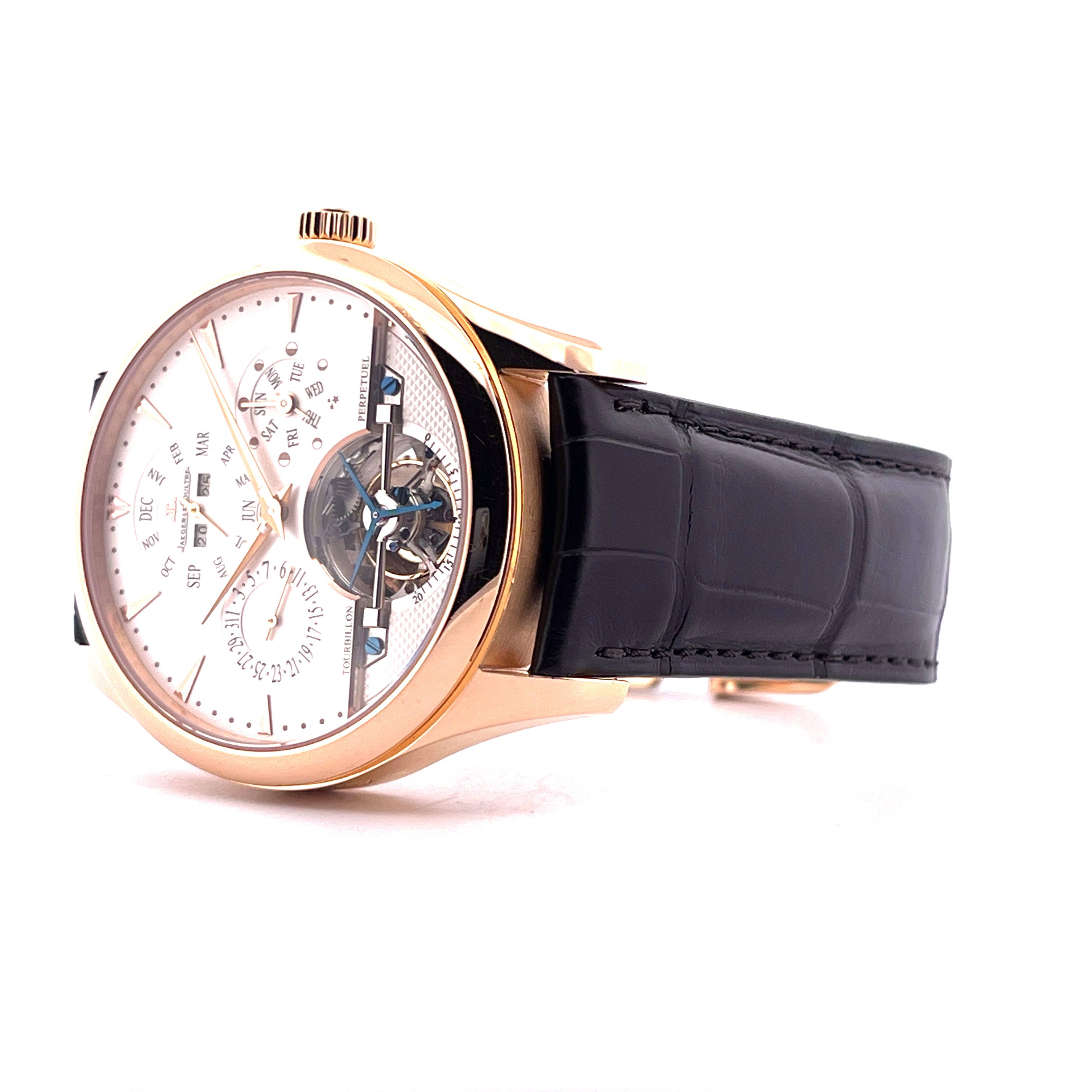 Jaeger LeCoultre Master Grande Tradition Tourbillon Perpetual Calendar Roségold mit schwarzem Lederarmband