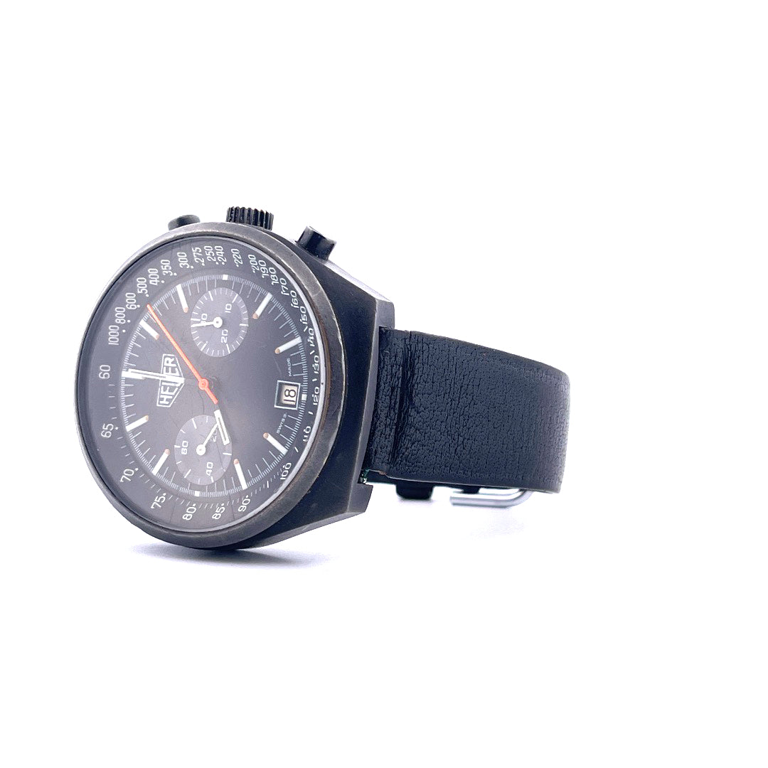 TAG Heuer Chronograph Big Shield aus Stahl/PVD mit schwarzem Zifferblatt und Lederarmband, seltene Uhr