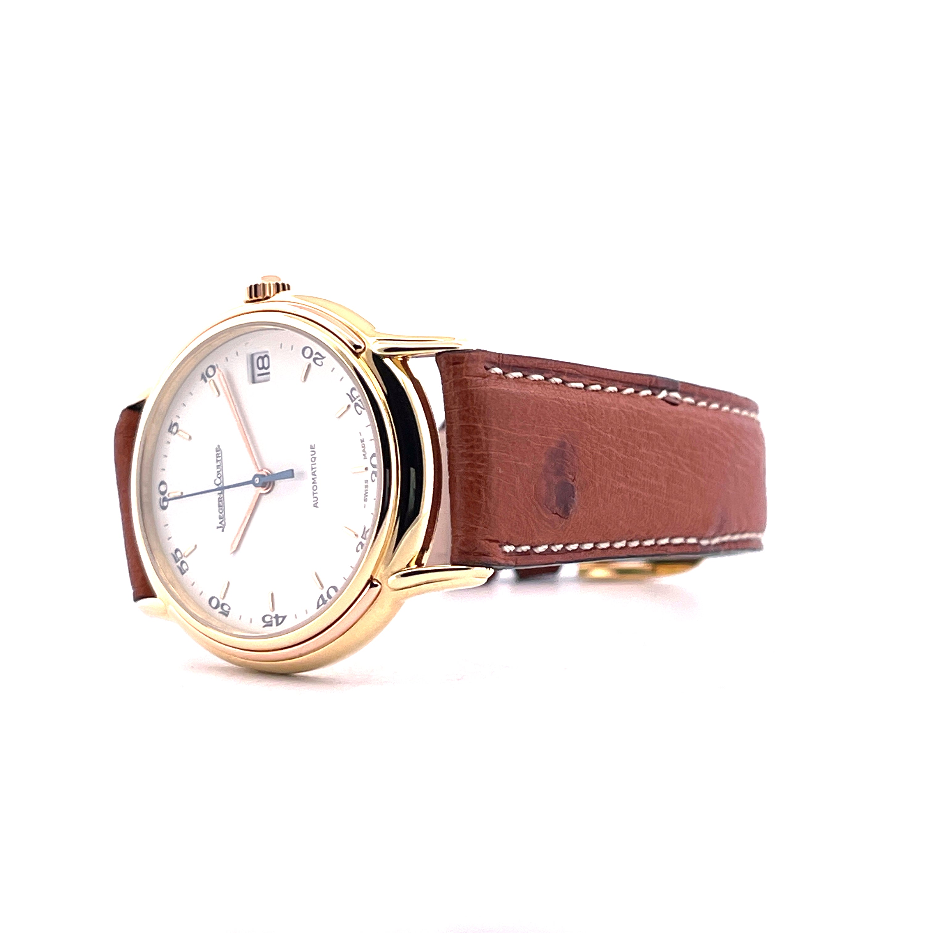 Jaeger LeCoultre Odysseus 18k Gold Uhr im Detail mit braunem Lederarmband