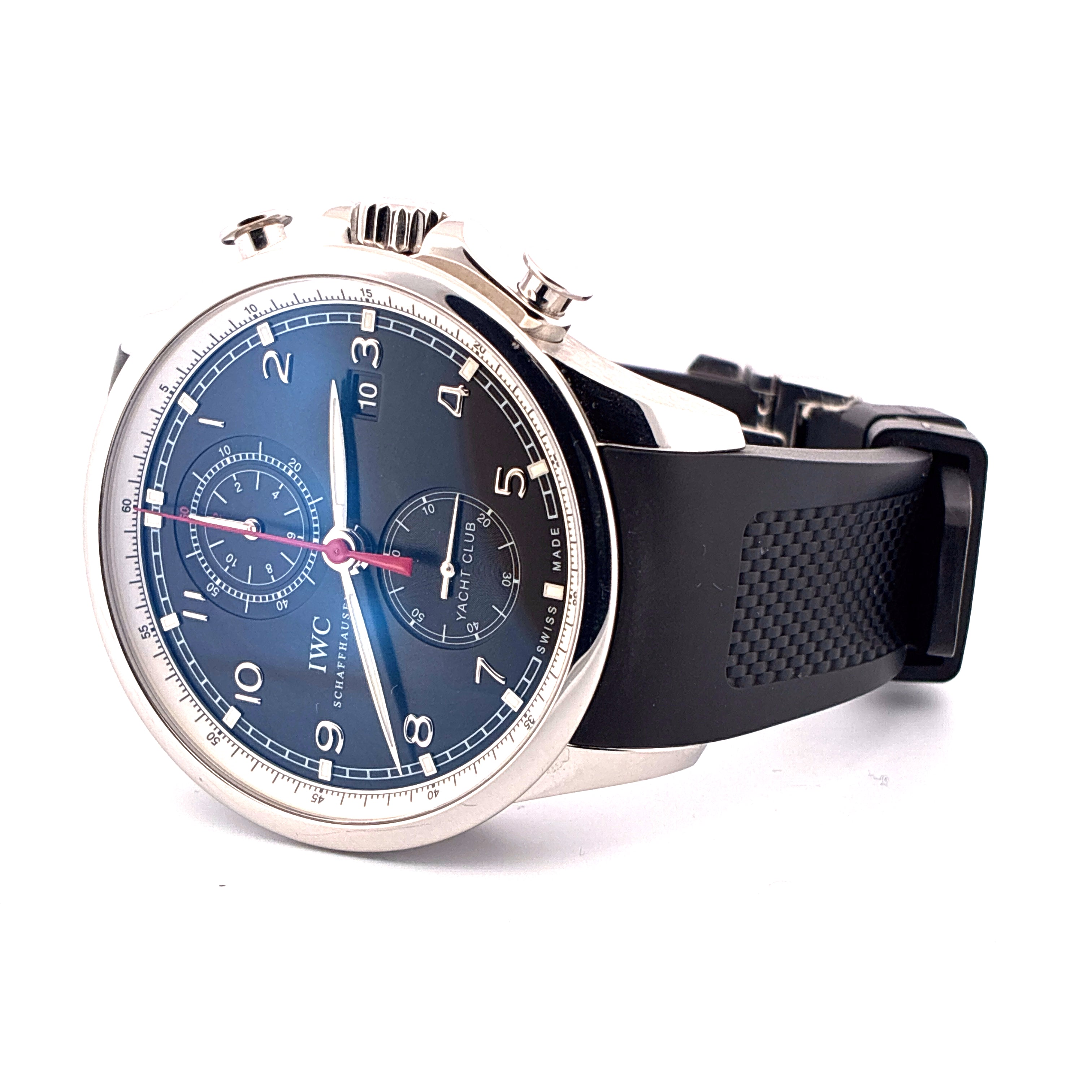 IWC Portuguese Yacht Club Chronograph aus Edelstahl mit blauem Zifferblatt und Kautschukband