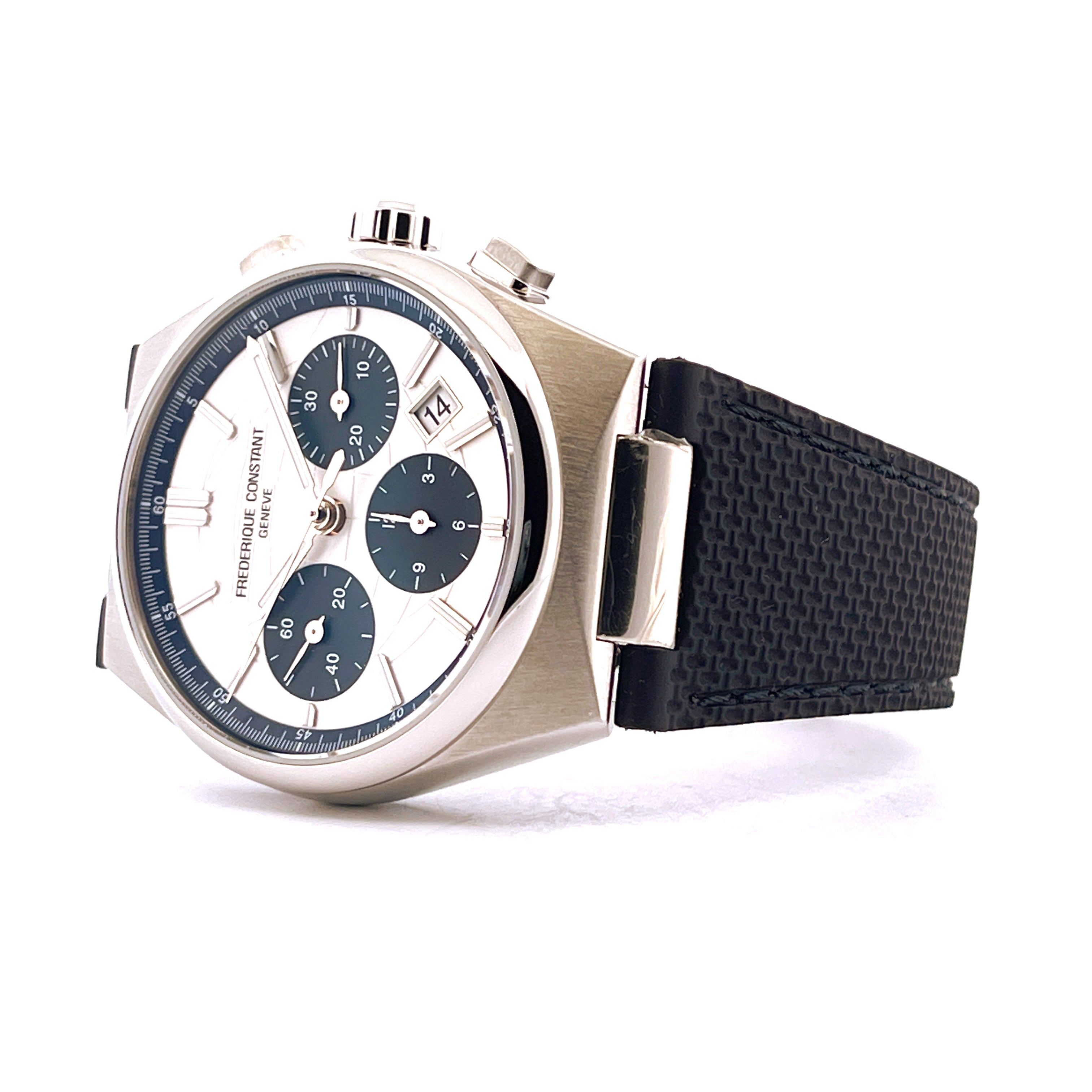 Frederique Constant Highlife Chronograph Edelstahl Automatik mit weißem Zifferblatt und schwarzem Armband auf weißem Hinte…