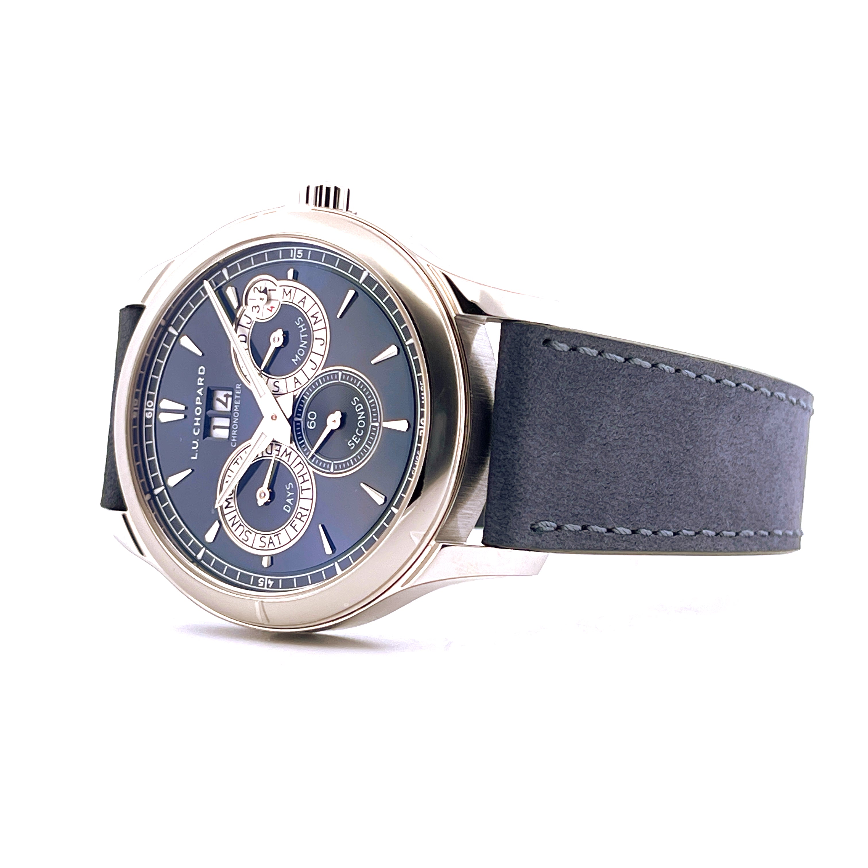 Chopard L.u.c. Perpetual Twin 43mm Herrenuhr mit blauem Zifferblatt und grauem Lederarmband