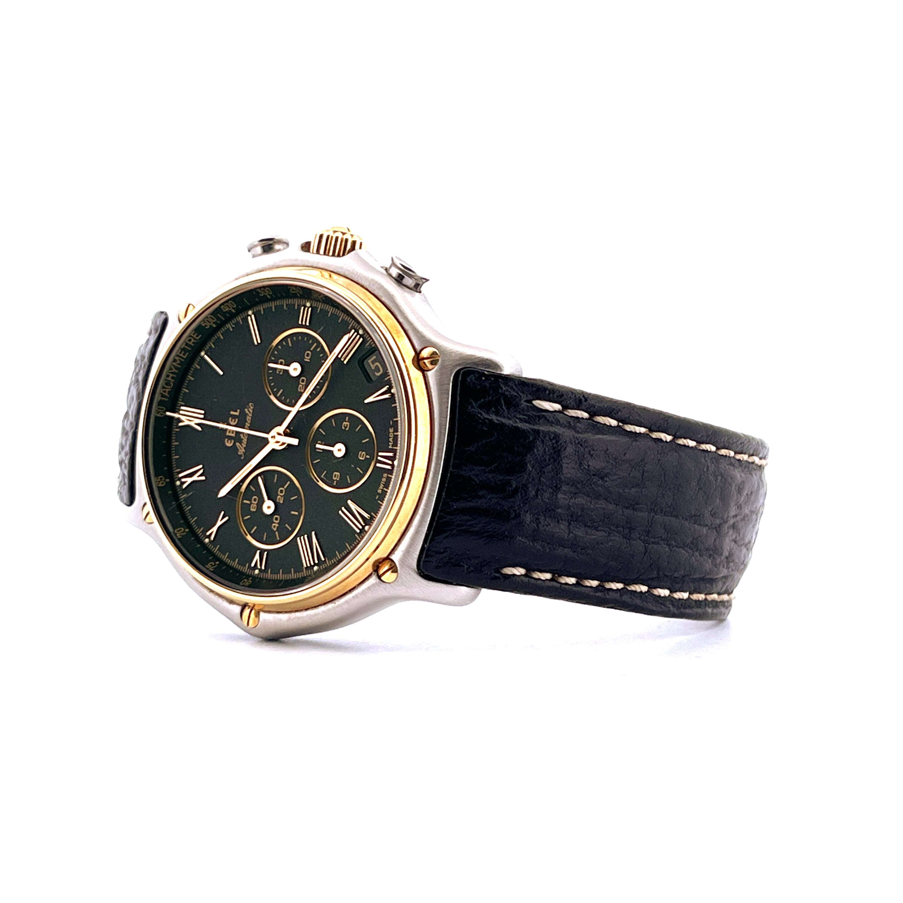 Ebel El Primero Chronograph Stahl Gold mit schwarzem Lederarmband aus den 1990er Jahren im guten Zustand