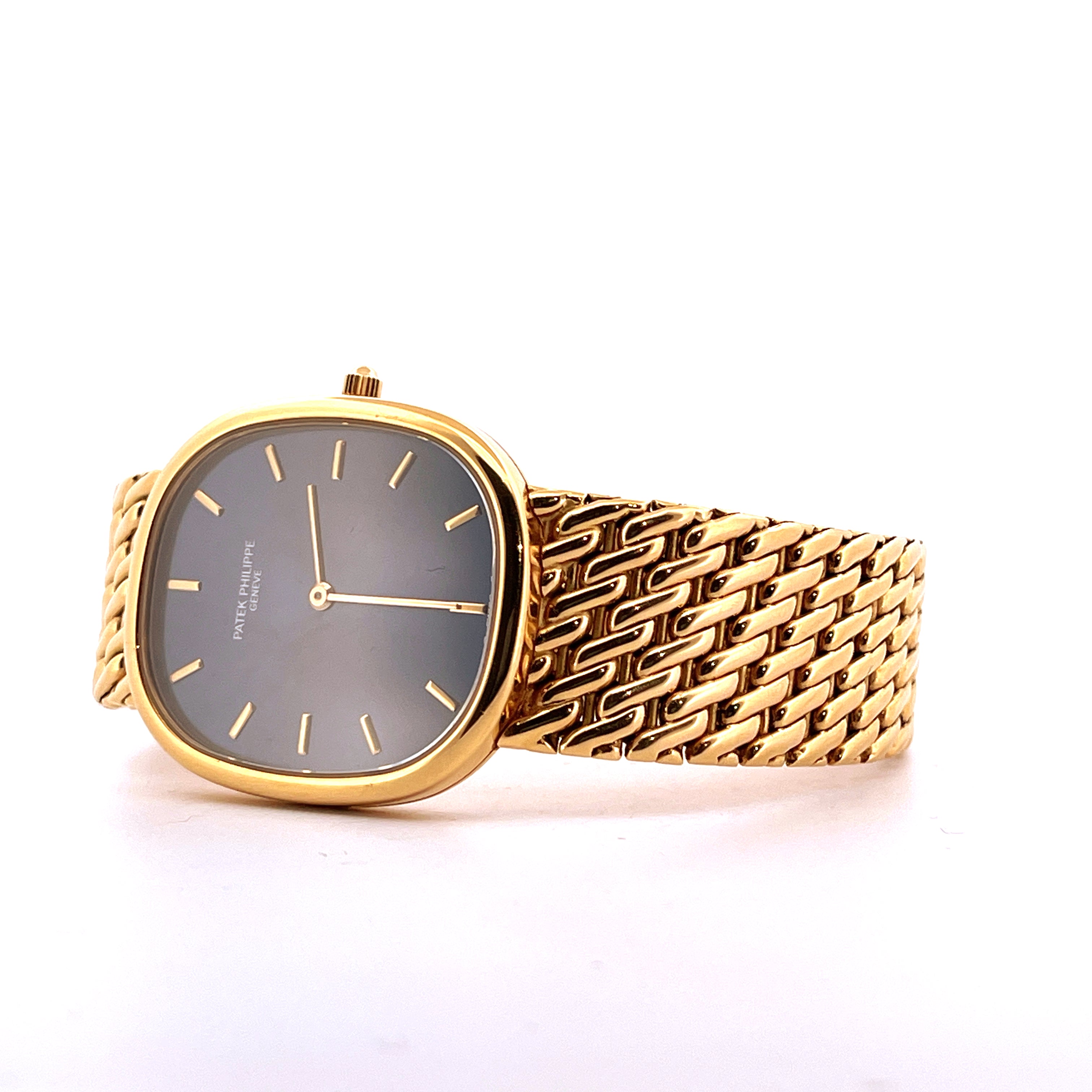 Patek Philippe Ellipse 18kt Gelbgold Uhr mit grauem Zifferblatt und geflochtenem Armband