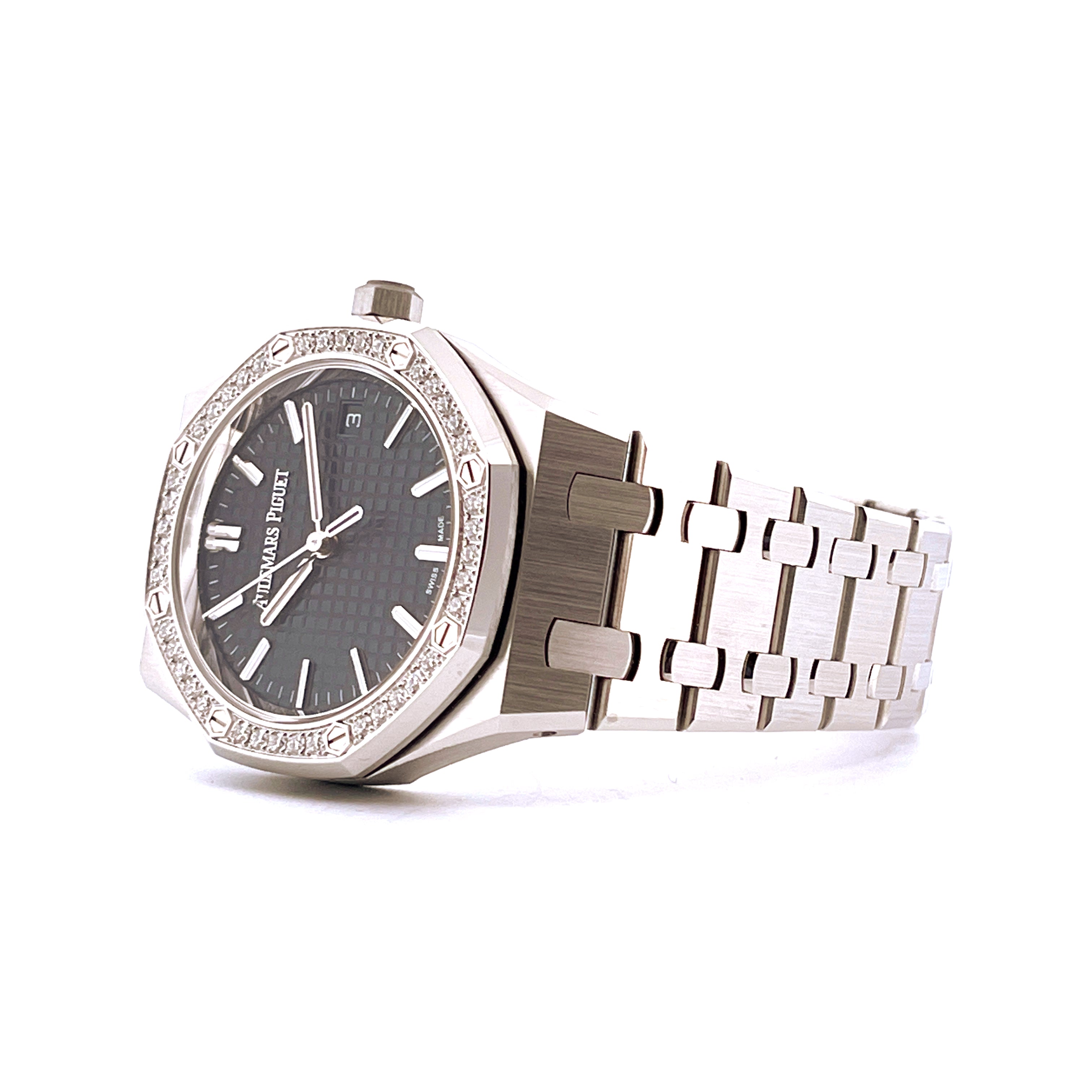 Audemars Piguet Royal Oak 34mm Stahl Damenuhr mit Diamantlünette und Anthrazit-Zifferblatt, seitlich