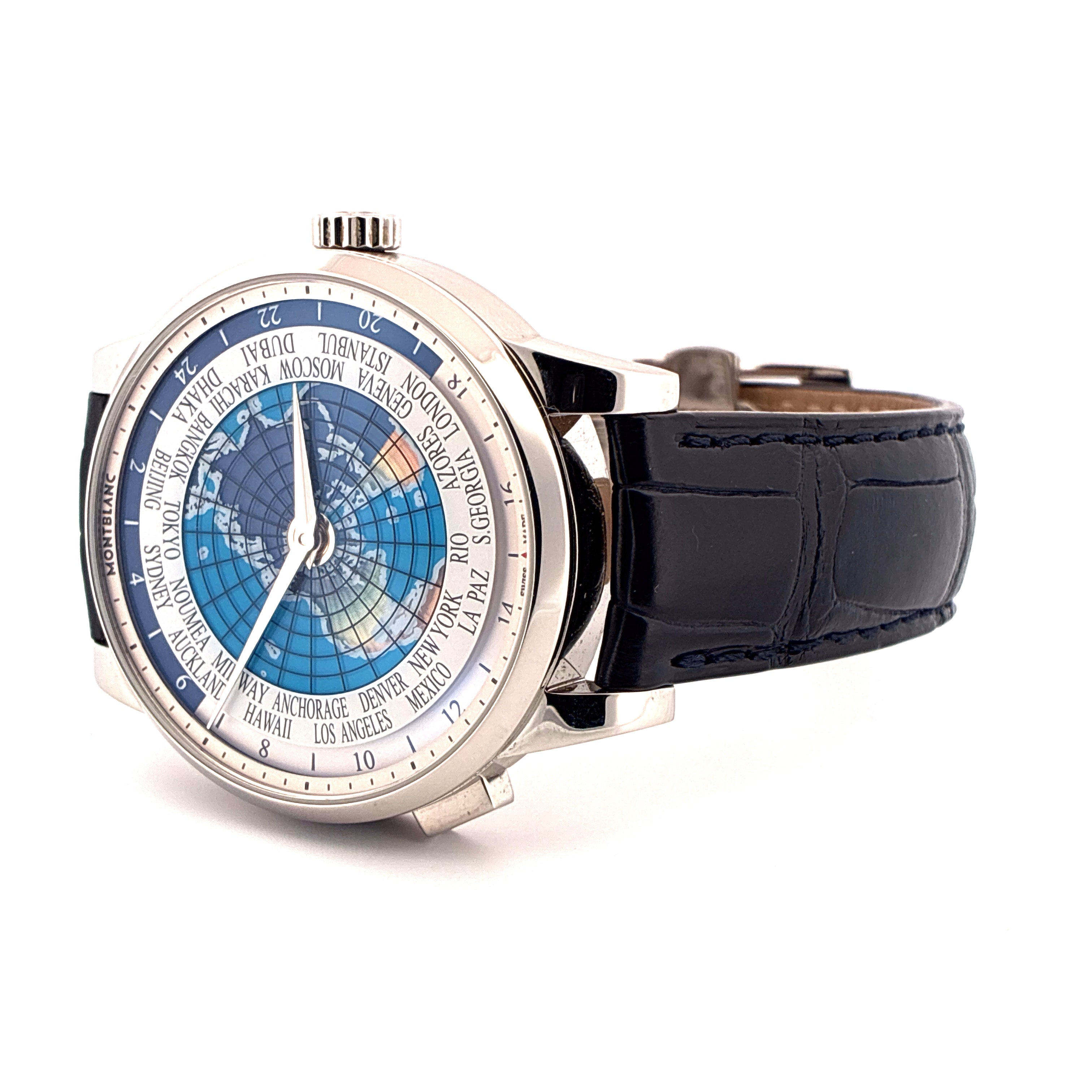 Montblanc Heritage Spirit Orbis Terrarum Unicef, Edelstahluhr mit Weltzeit-Zifferblatt und schwarzem Lederarmband