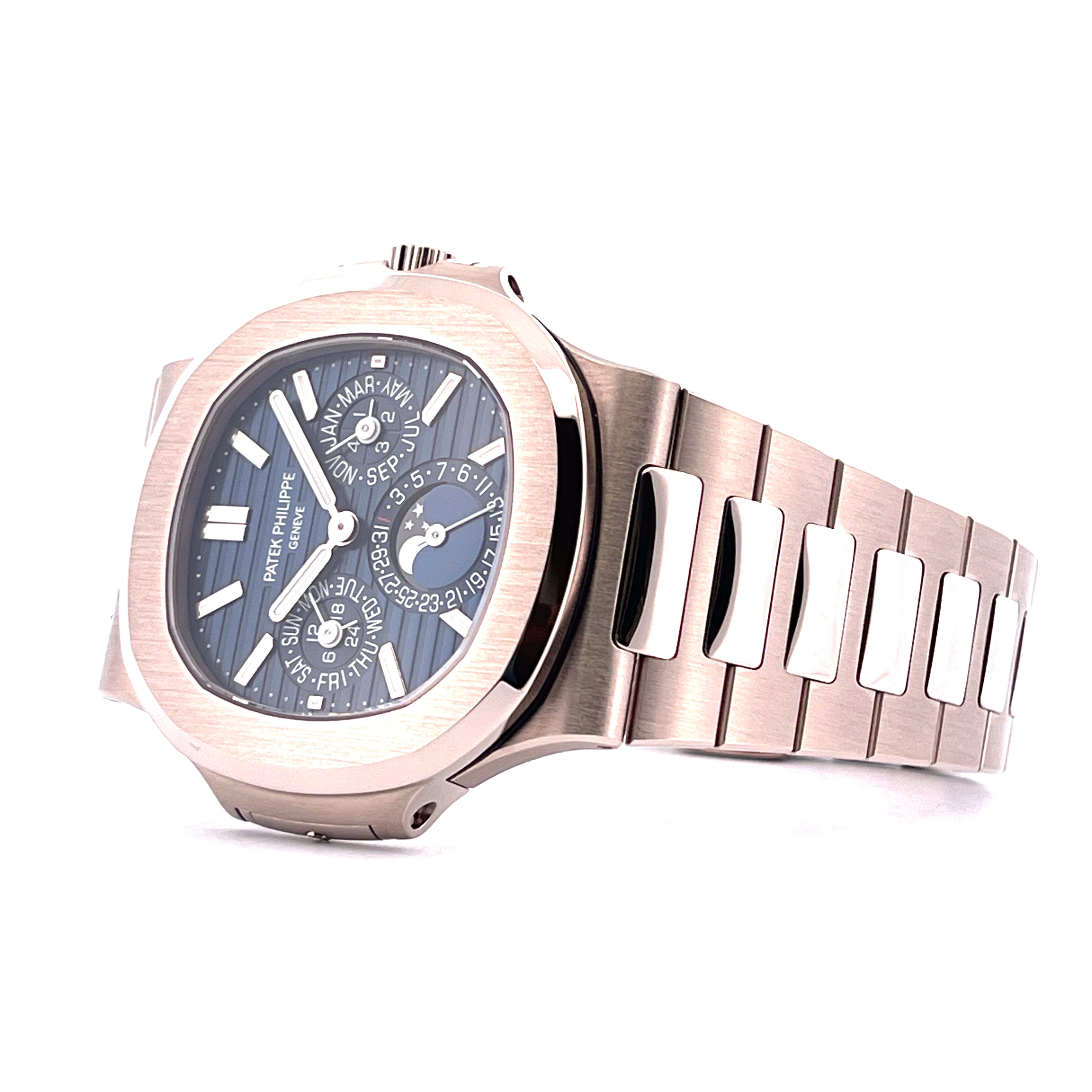 Patek Philippe Nautilus Perpetual Calendar in Weißgold mit blauem Zifferblatt und Automatikwerk
