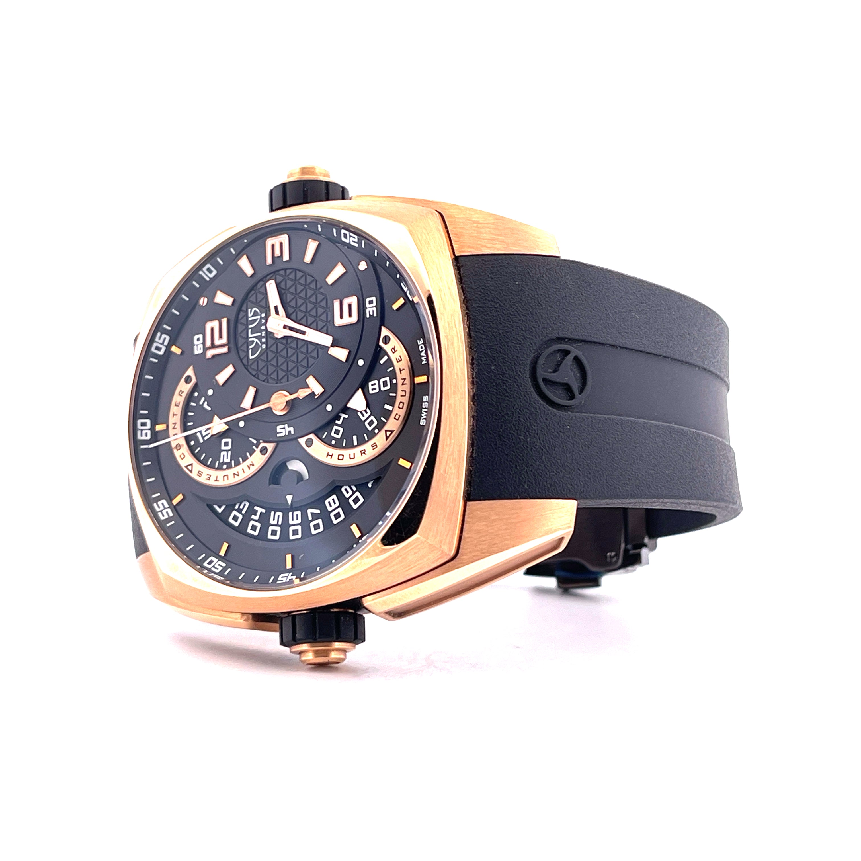 Cyrus Klepcys Chronograph aus Roségold 5N mit schwarzem Zifferblatt und Kautschukband