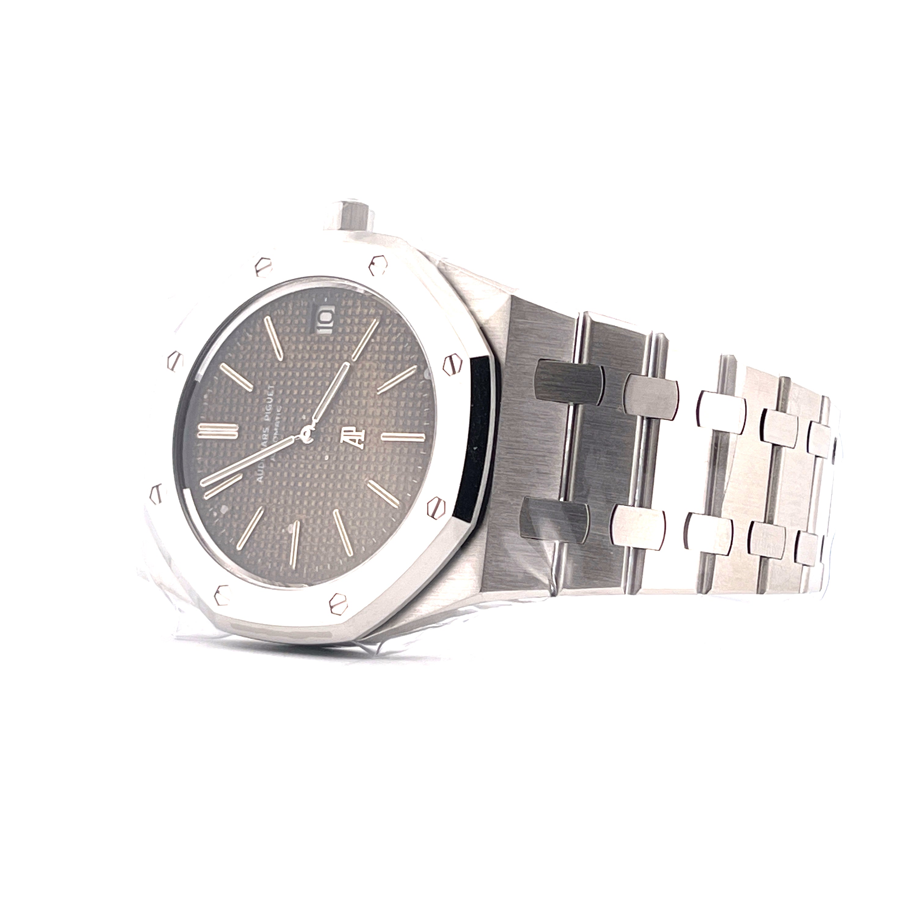 Audemars Piguet Royal Oak Jumbo 5402ST Stahl mit graubraunem Zifferblatt und Stahlband in Nahaufnahme
