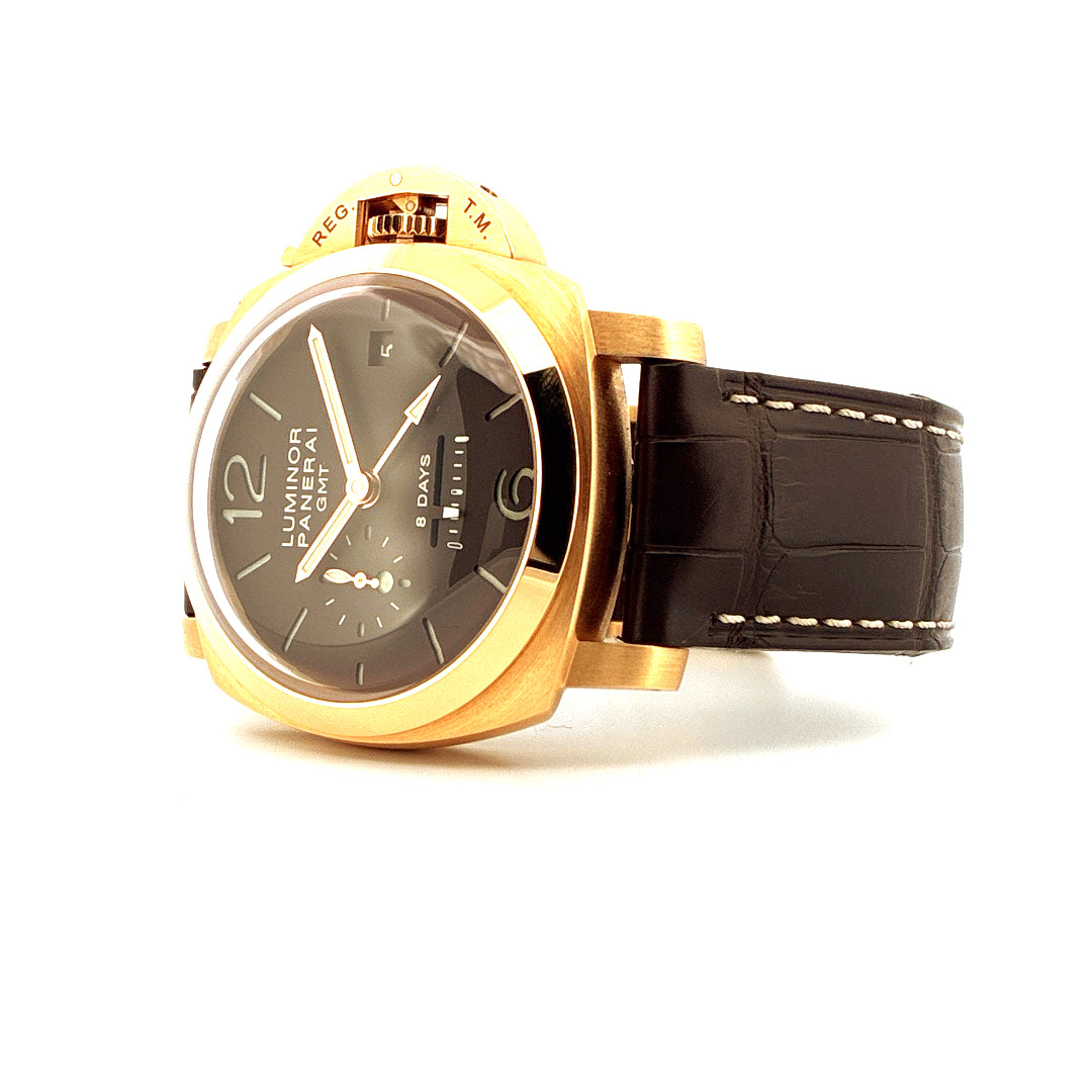 Panerai Luminor 1950 8 Days GMT Pam 289 in Roségold mit schwarzem Lederband