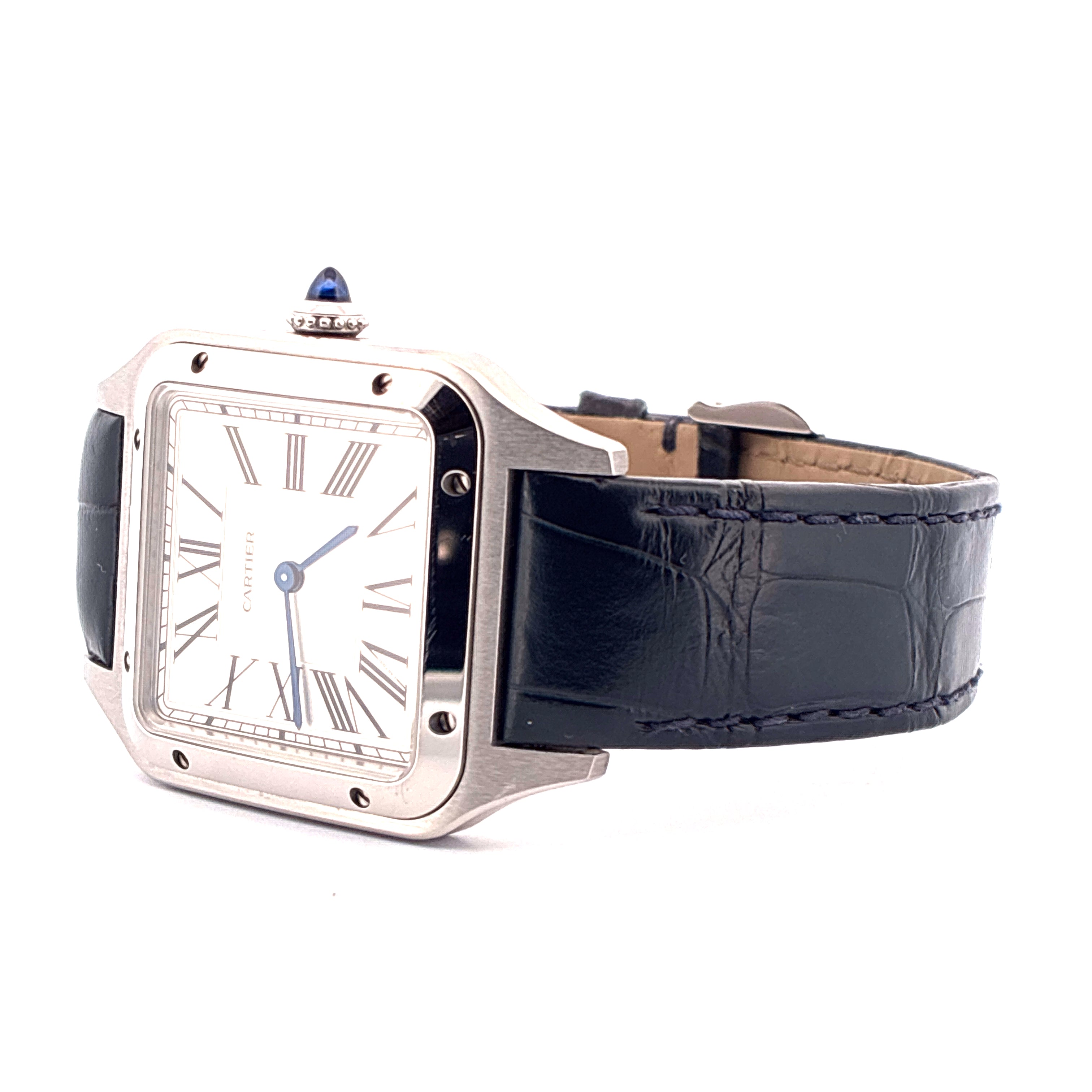 Cartier Santos Dumont mit silbernem Zifferblatt und blauem Lederarmband in Seitenansicht