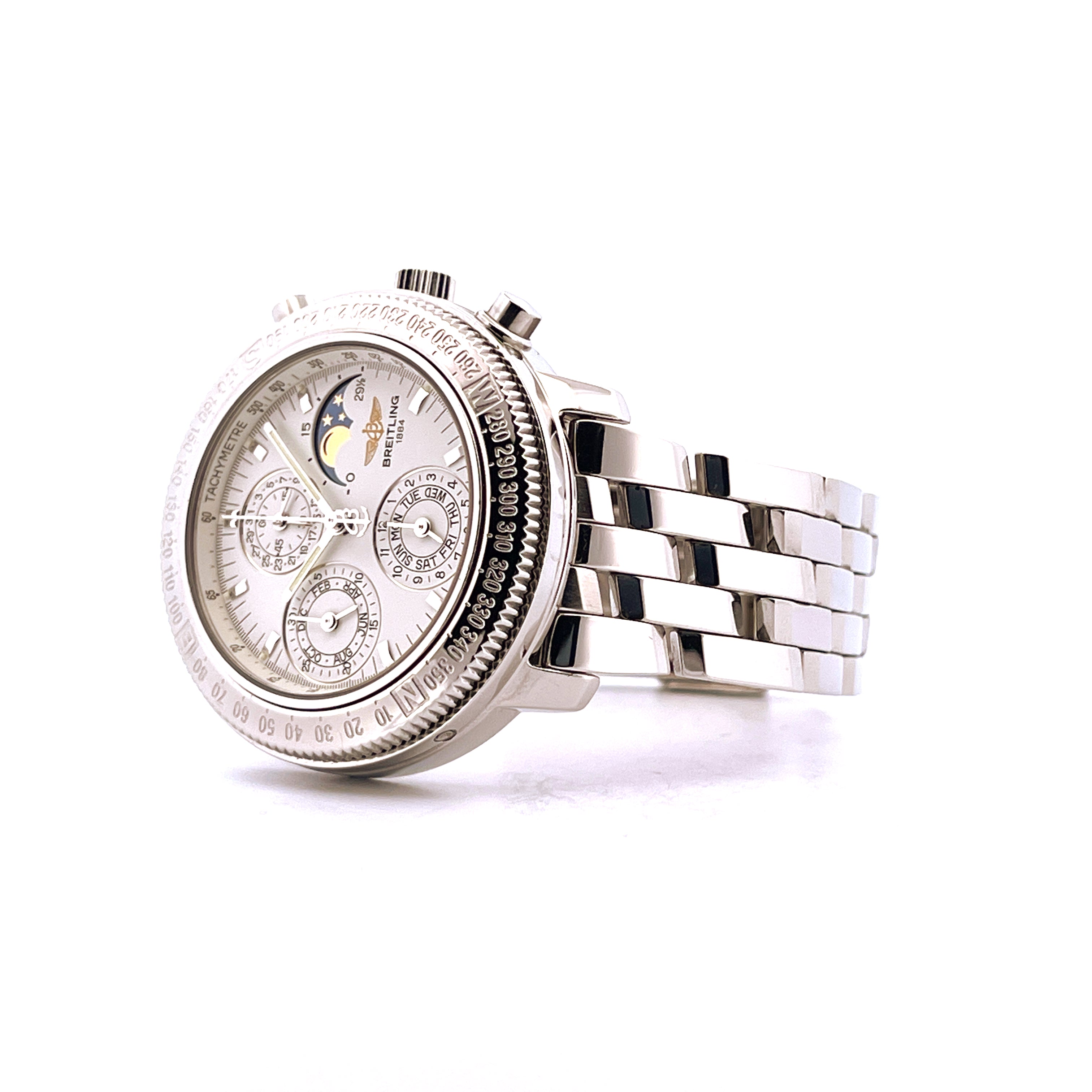 Breitling Astromat Chronograph Moon Phase von 1995 aus Edelstahl mit silbernem Zifferblatt und Mondphasenanzeige