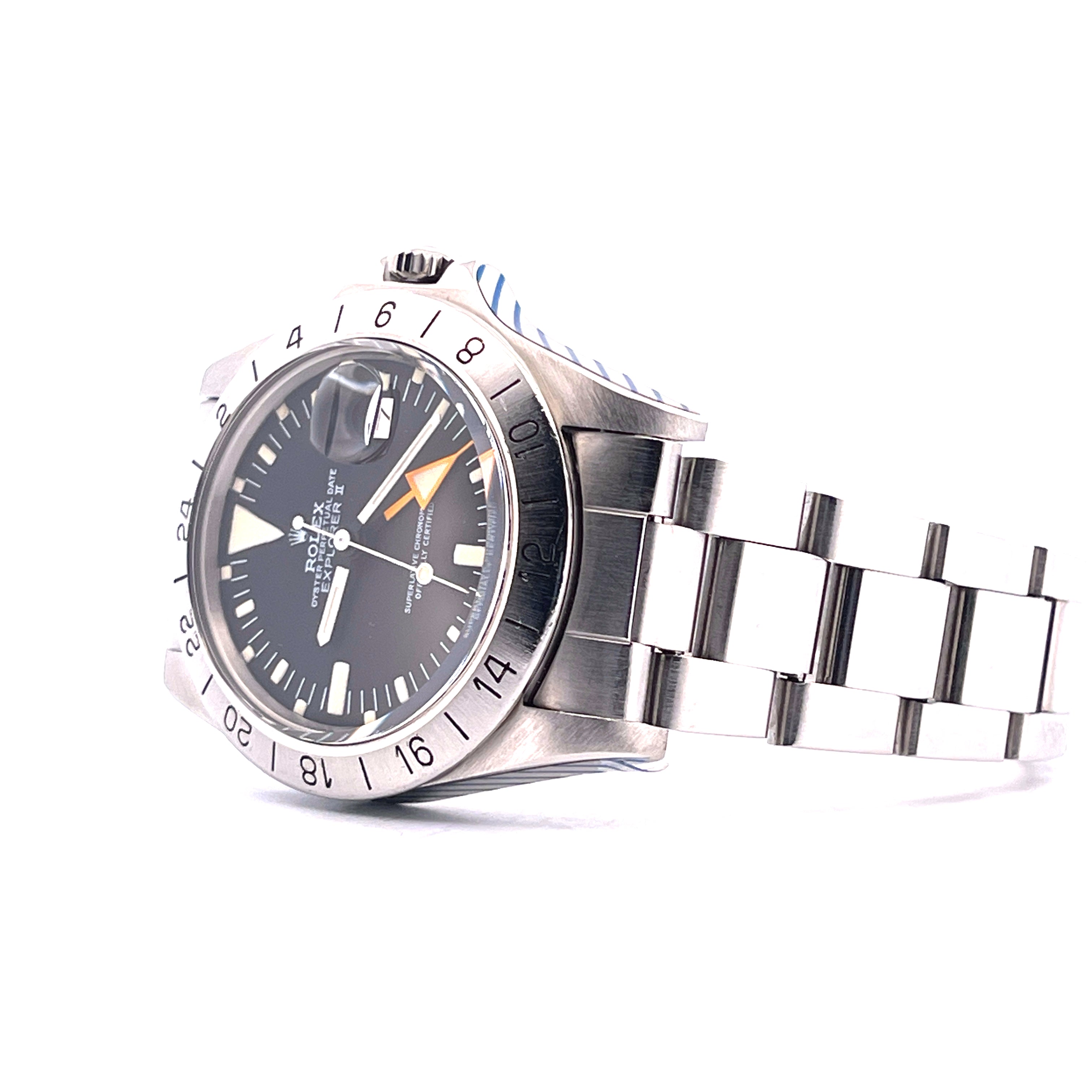 Rolex Explorer II Automatik mit schwarzem Zifferblatt und Stahlarmband in Seitenansicht
