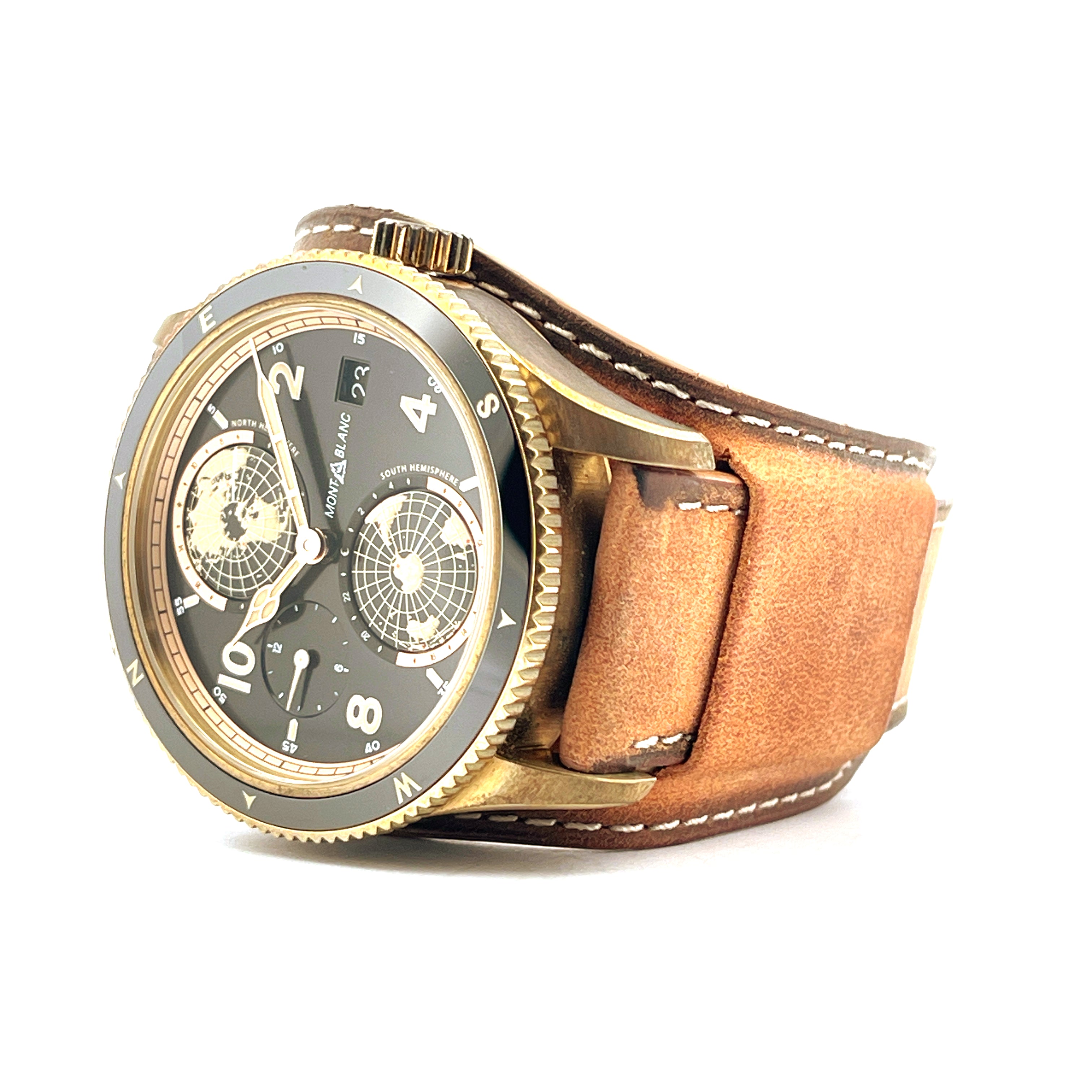 Montblanc 1858 Geosphere Limited Edition 2023 bronzenes Gehäuse braunes Lederarmband detailliertes Zifferblatt