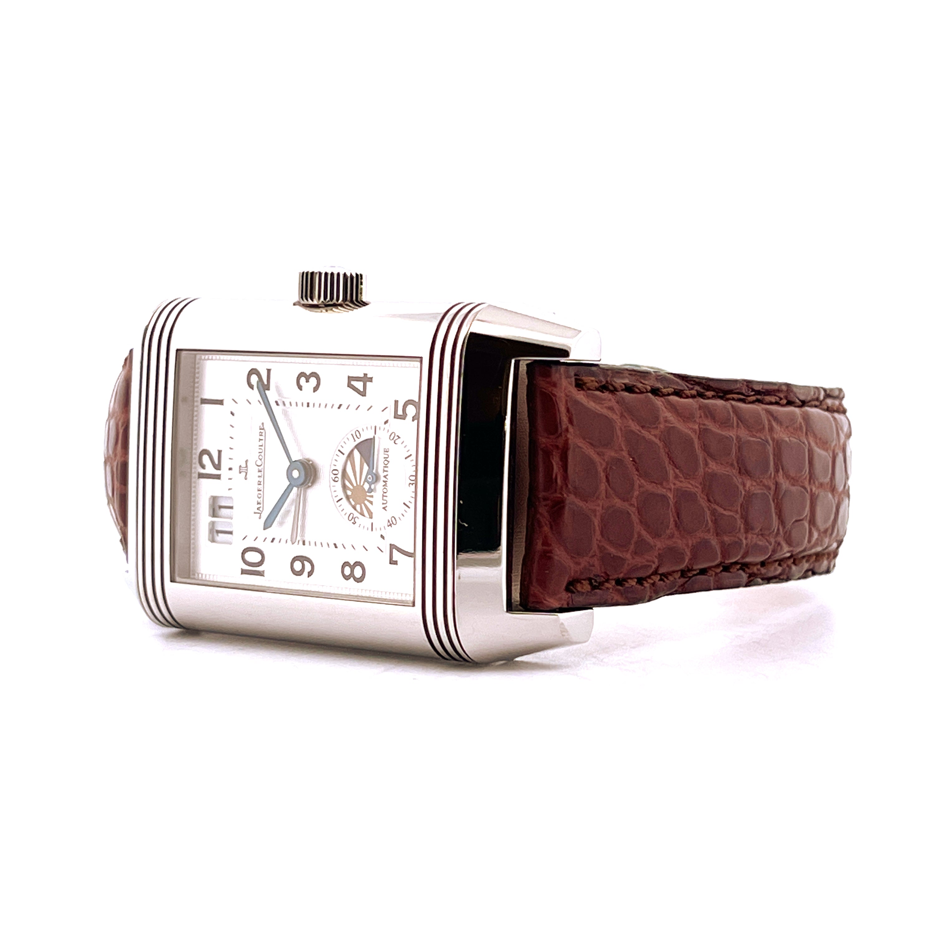 Jaeger-LeCoultre Reverso Grande Panorama Date Moonphase Automatik aus Edelstahl mit braunem Lederarmband