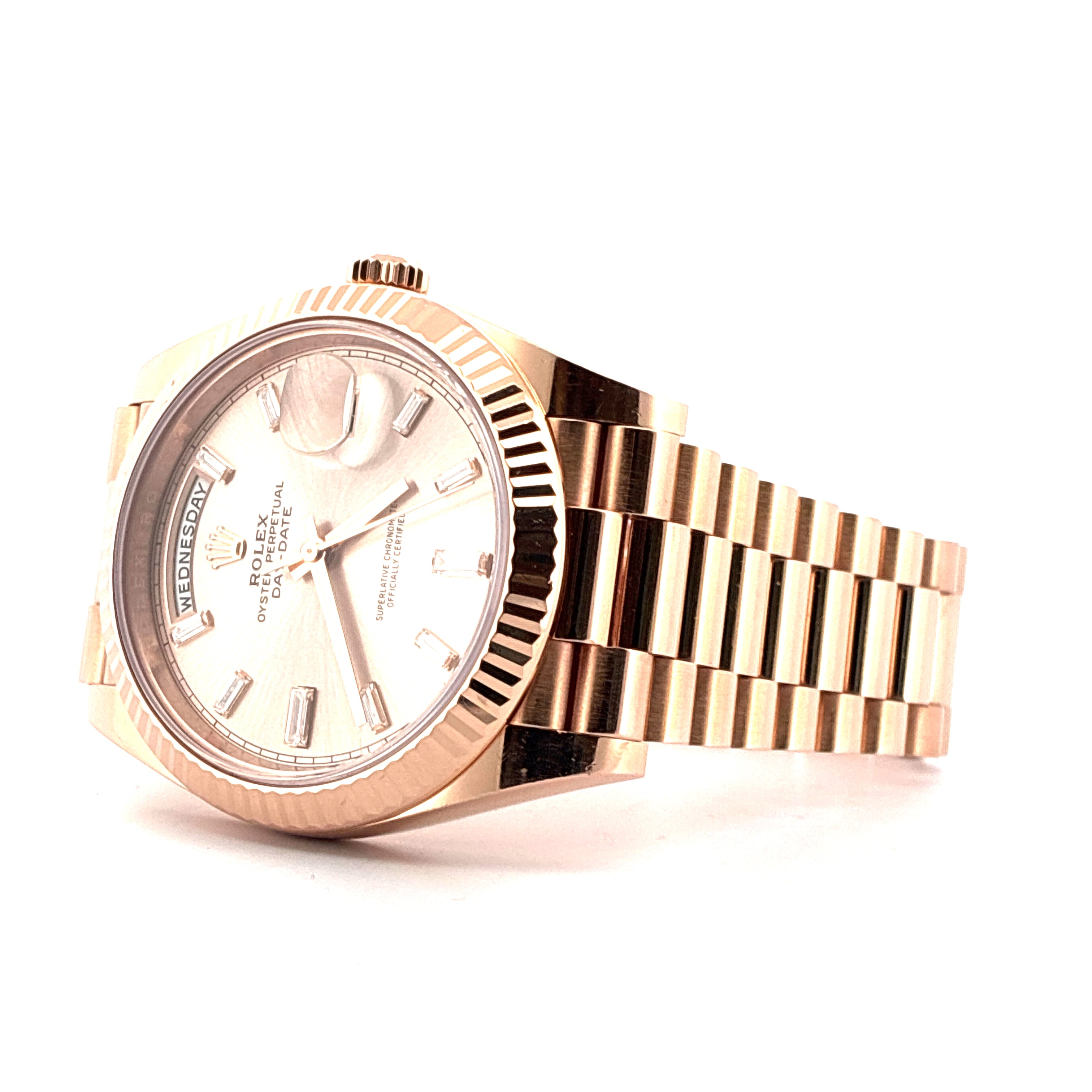 Day-Date 40 / Roségold / Rolex Service 2025 / Invoice / Baguette Factory Set / Pink Dial / Full-Set 2021