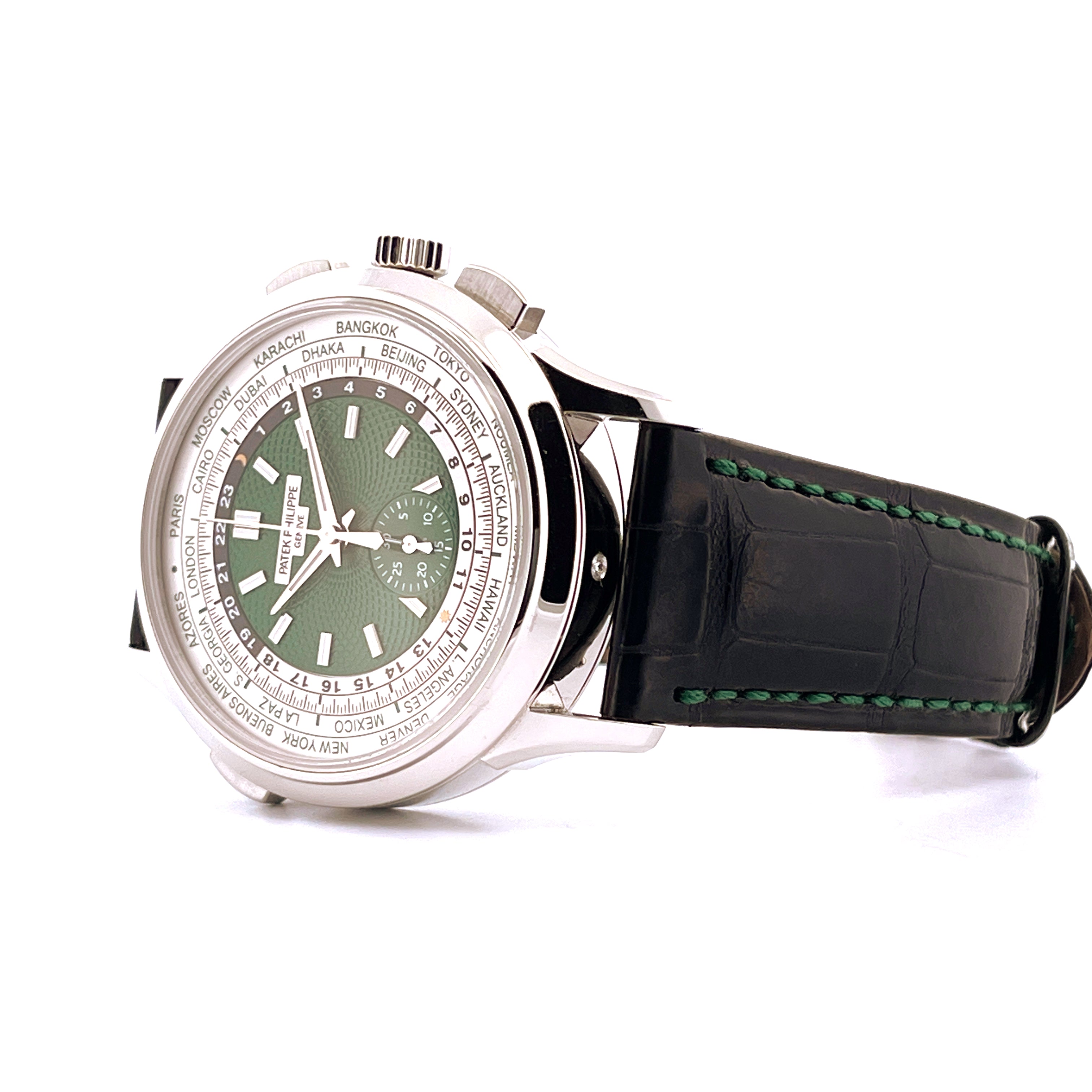 Patek Philippe World Time Flyback Chronograph 5930P-001 aus Platin mit grünem Zifferblatt und schwarzem Lederband