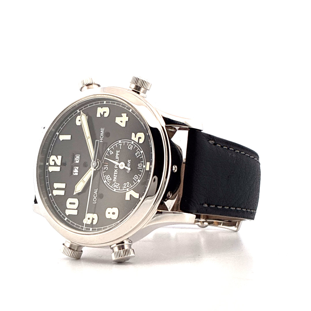 Patek Philippe Grandes Complications Alarm Travel Uhr in Silber mit schwarzem Lederarmband und grauem Zifferblatt mit arabischen Ziffern