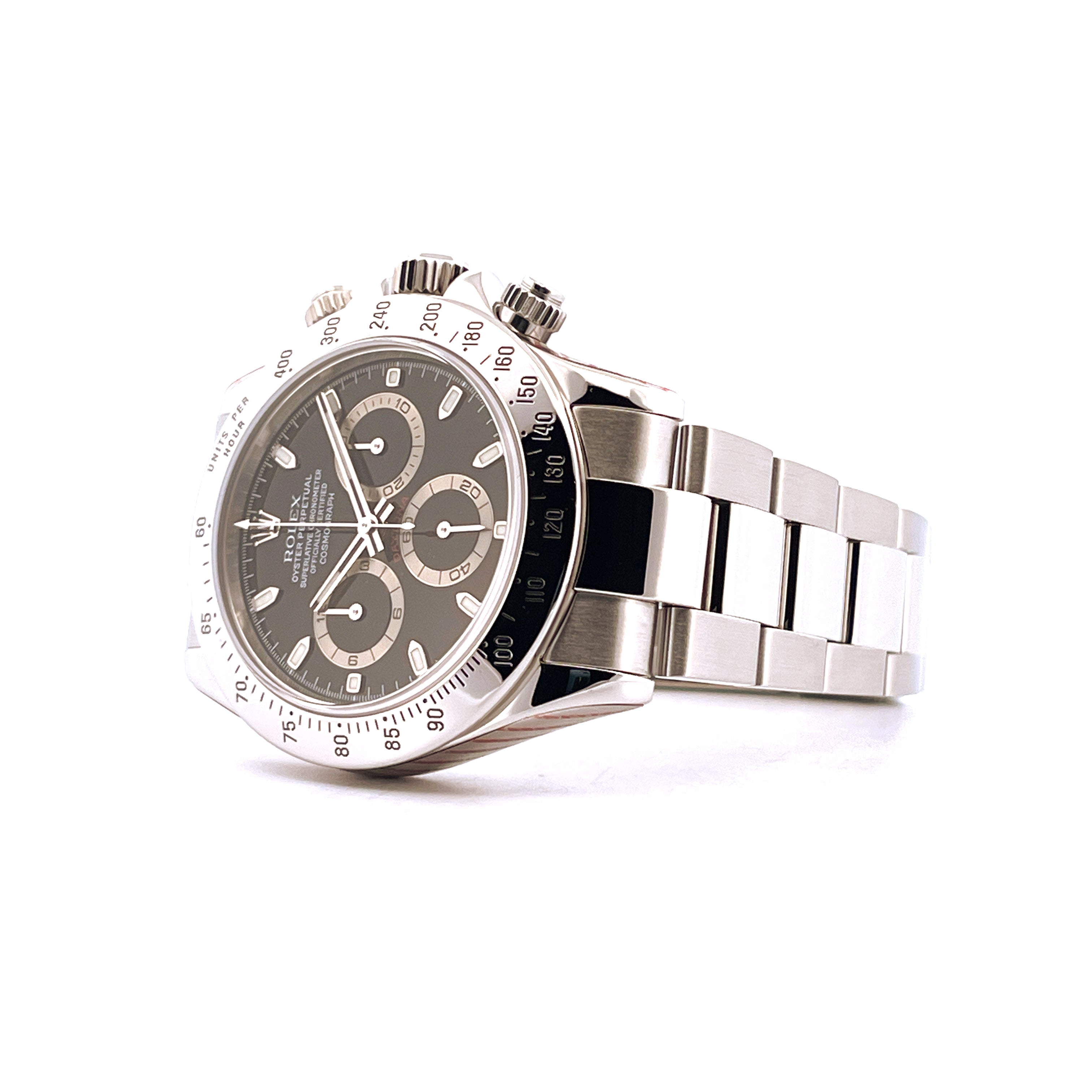 Rolex Daytona 116520 Edelstahl im Seitenprofil mit grauem Zifferblatt und Stahlarmband auf weißem Hintergrund