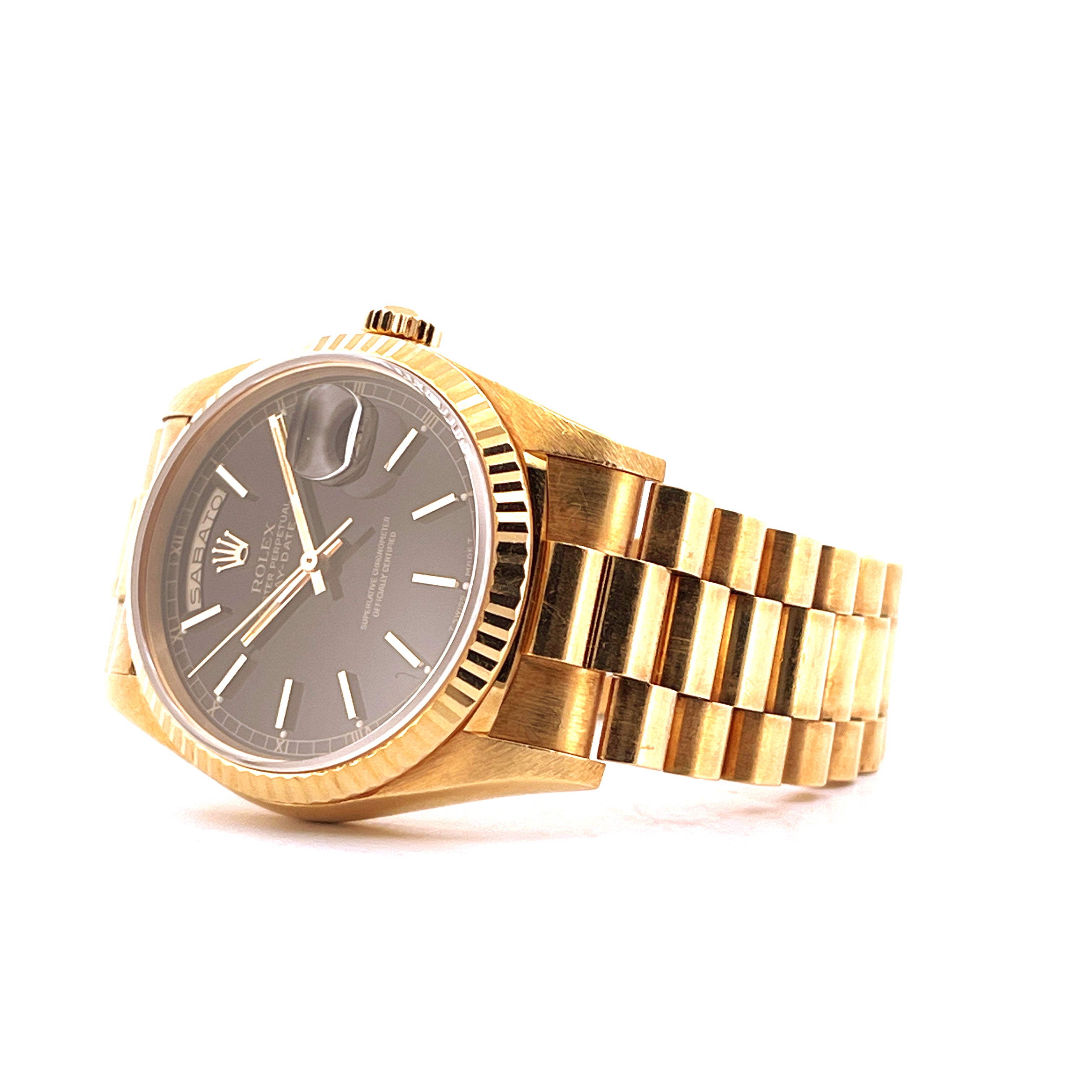 Rolex Day-Date 36 mm Gelbgold mit schwarzem Zifferblatt und Präsidentenband