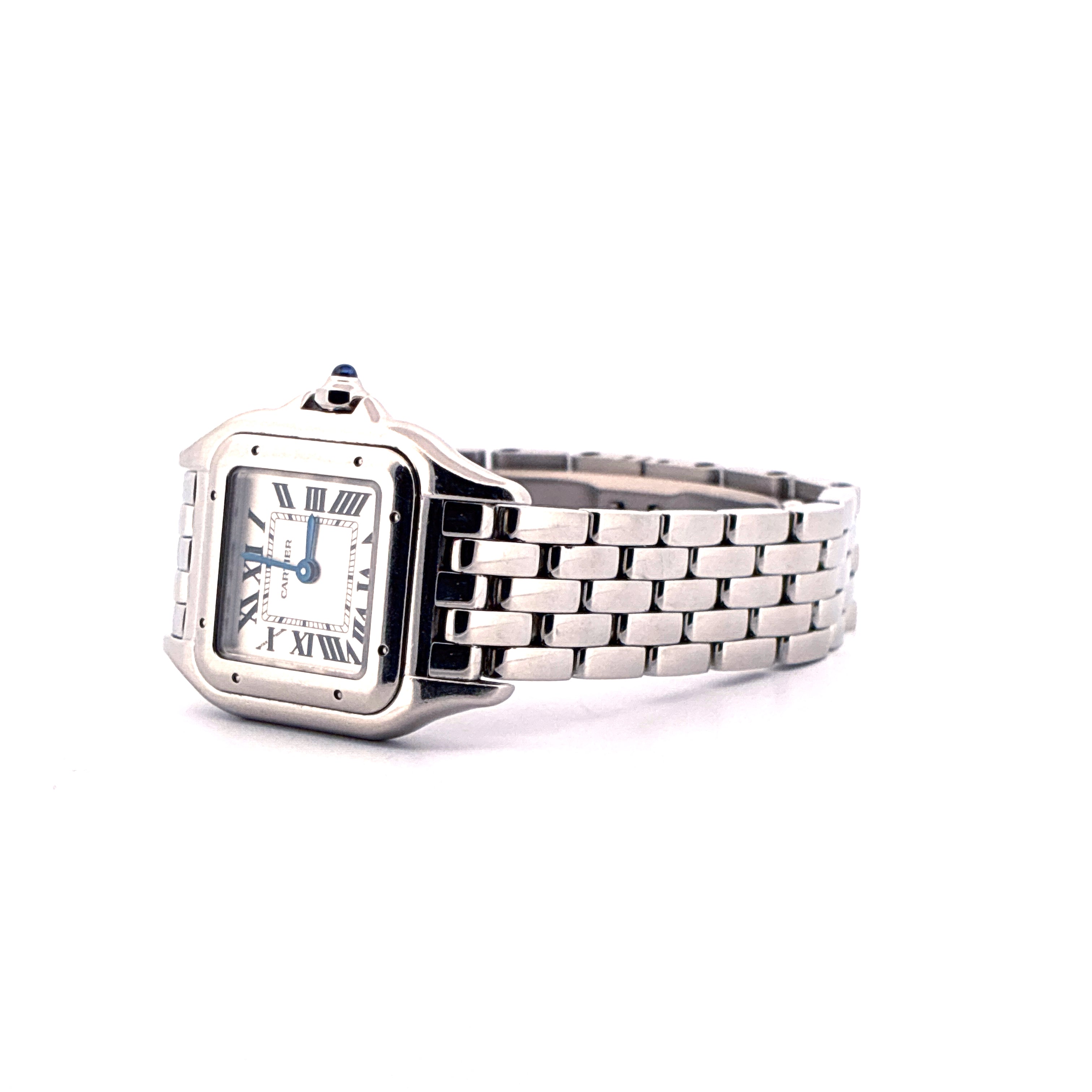 Cartier Panthère Armbanduhr aus Edelstahl, Quarzwerk, Seitenansicht auf weißem Hintergrund