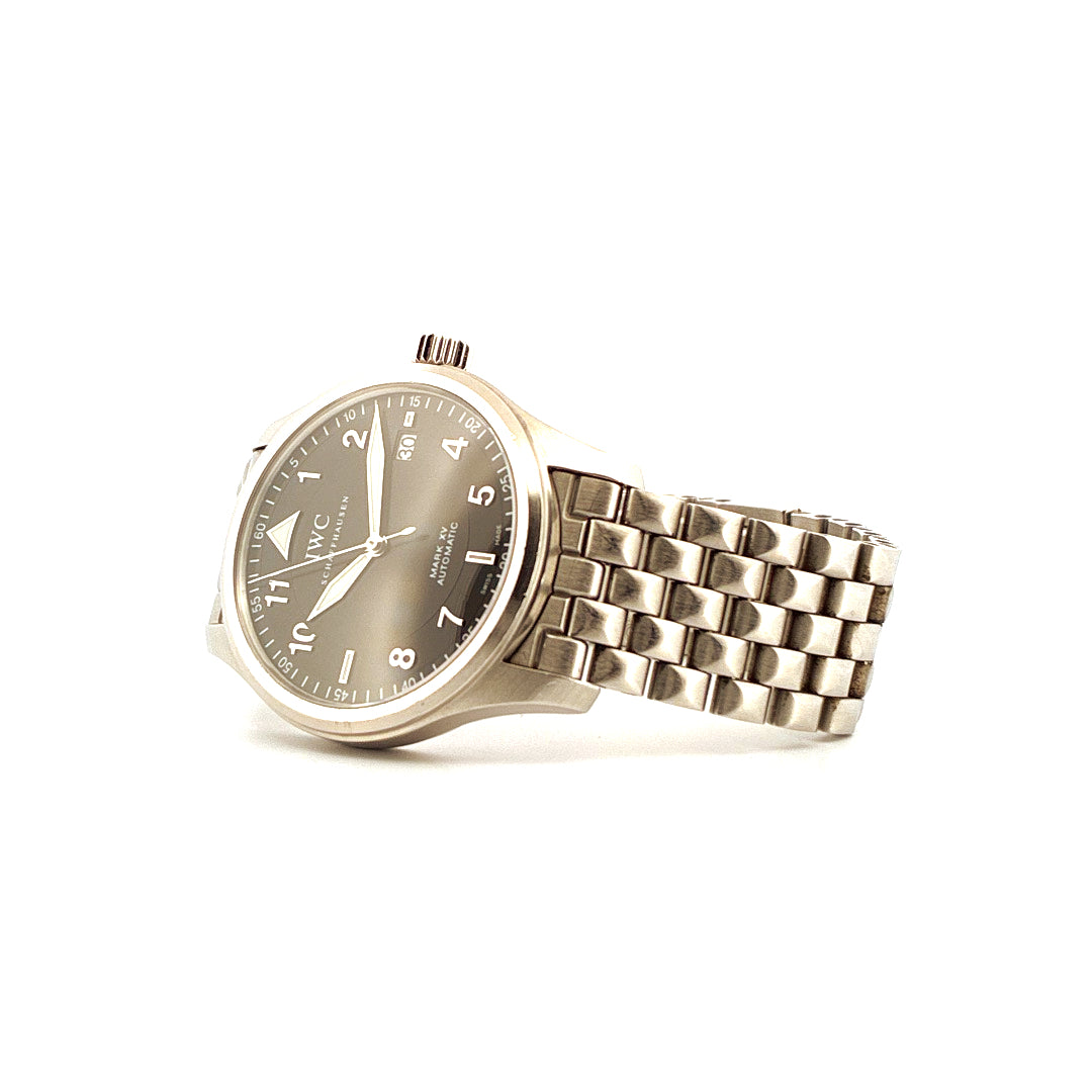 IWC Spitfire Mark XV Automatik Uhr aus Edelstahl mit grauem Zifferblatt und Gliederarmband