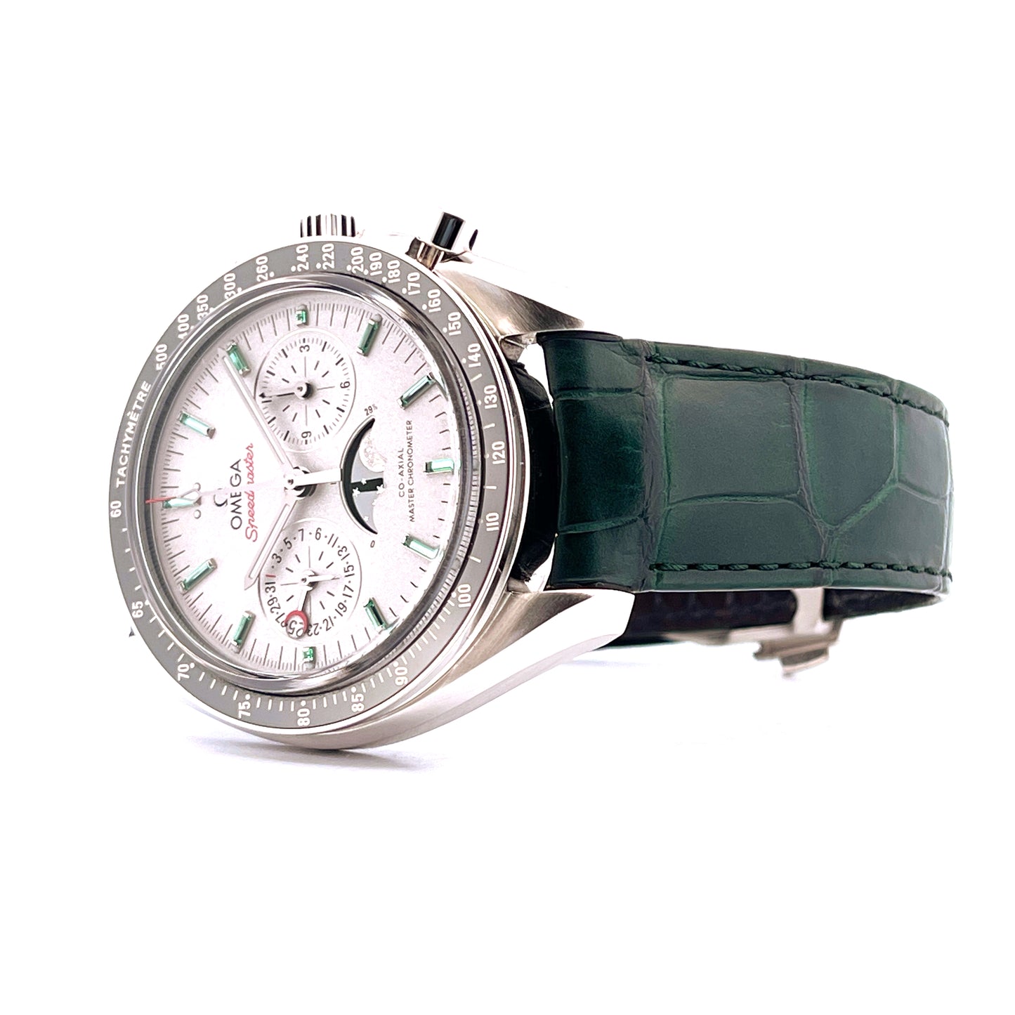 Omega - Speedmaster Moonwatch Moonphase Platin & Smaragd - Juwelier Spliedt