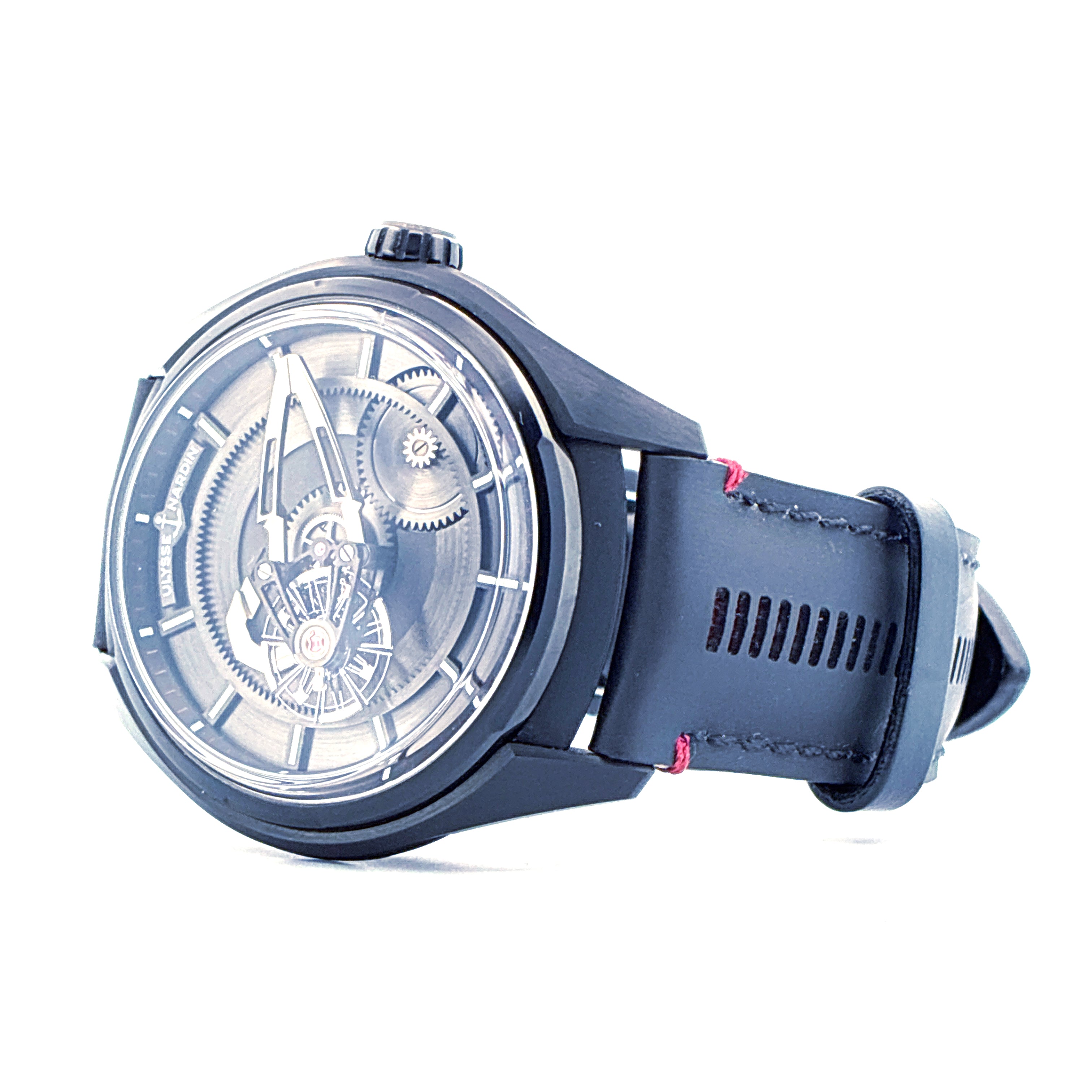 Ulysse Nardin Freak X Automatik Herrenuhr mit skelettiertem Zifferblatt und schwarzem Lederarmband
