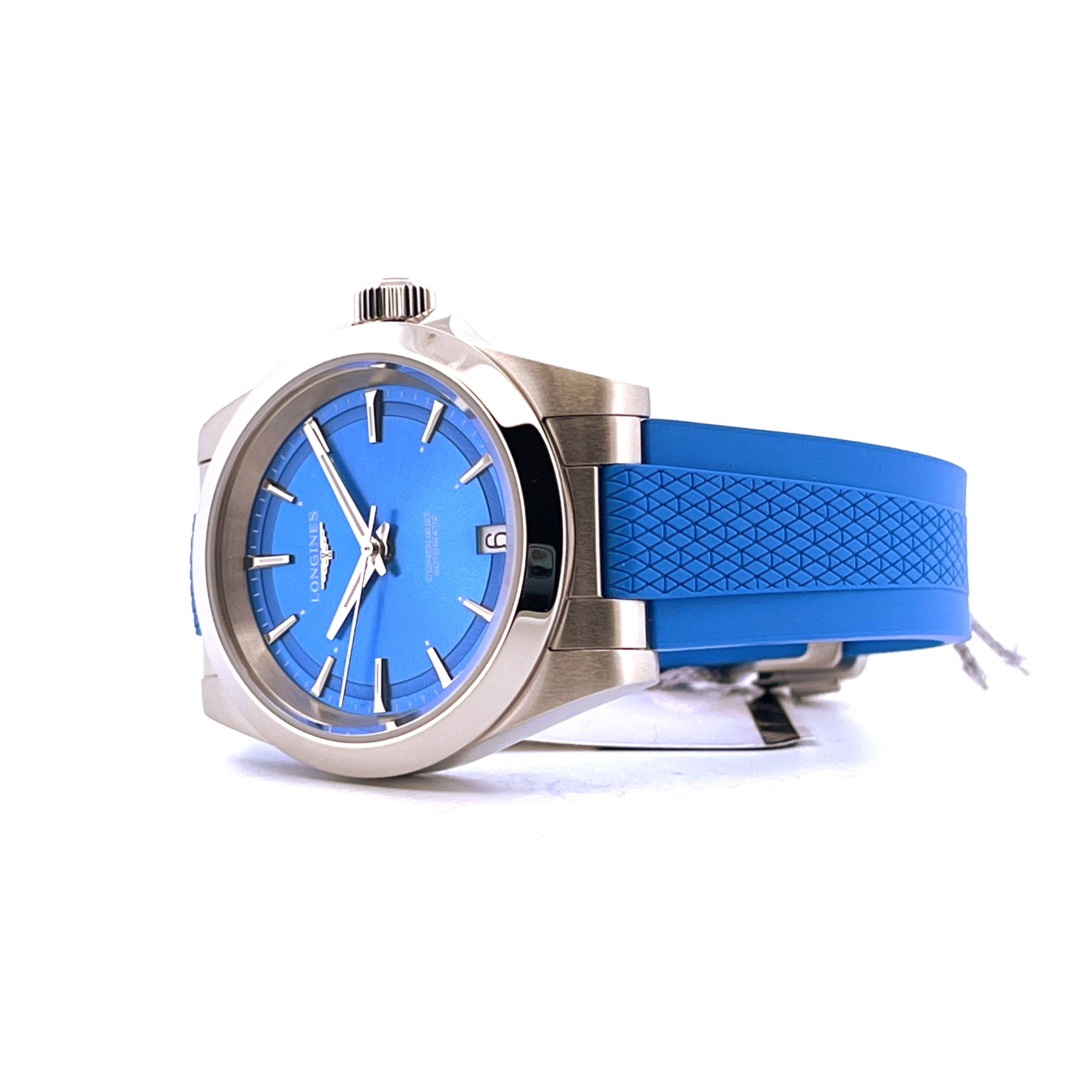 Longines Conquest Lady Rubber SYLT EDITION Automatik-Uhr mit blauem Zifferblatt und blauem Kautschukband