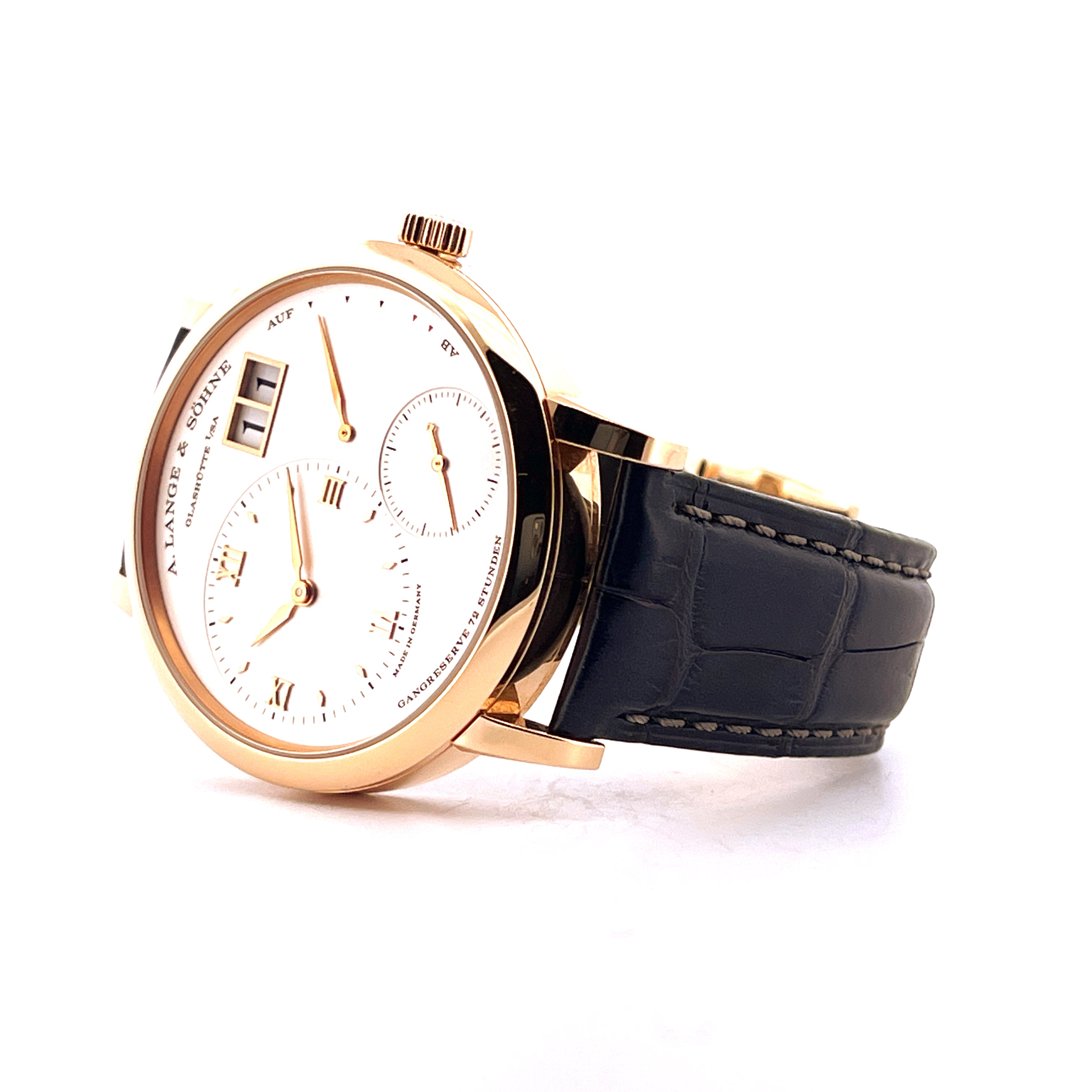 A. Lange & Söhne Grand Lange 1 Roségold Uhr mit dunkelblauem Kroko-Armband und Gangreserveanzeige