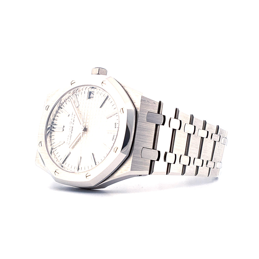 Audemars Piguet 50th Anniversary Royal Oak 41 mm Edelstahl Automatik Uhr mit weißem Zifferblatt
