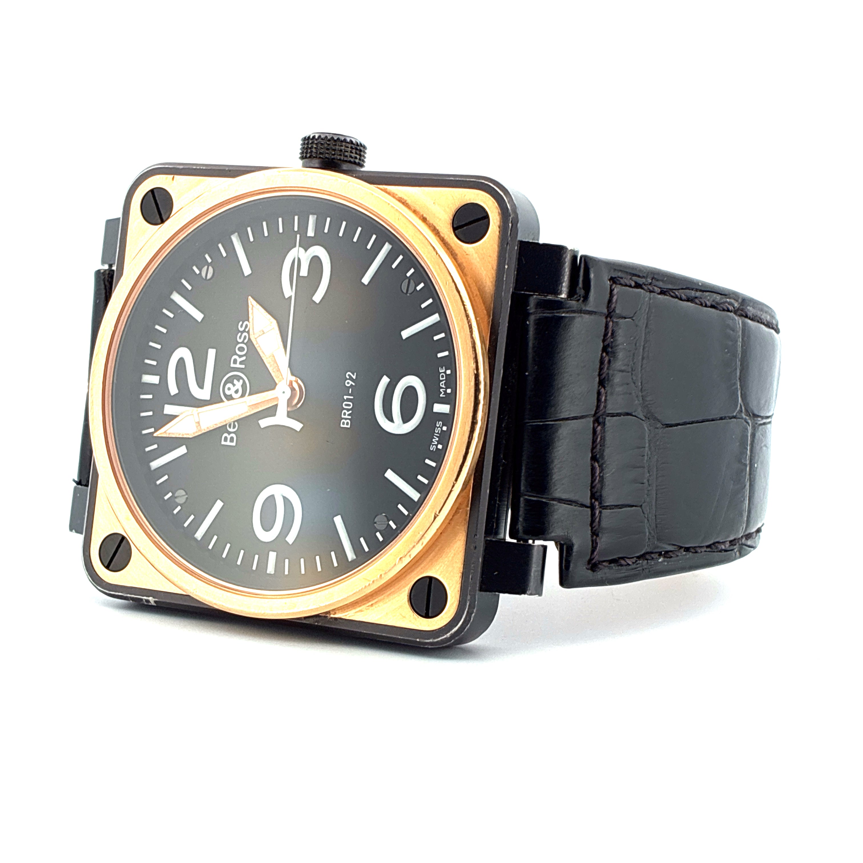 Bell & Ross Aviation Military mit Roségold und schwarzem Stahlgehäuse, schwarzem Lederarmband, Automatikwerk und grauem Zi…