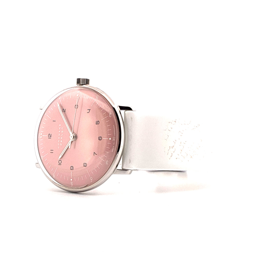 Junghans Max Bill Handaufzug roséfarbenes Zifferblatt Edelstahlgehäuse mit weißem Lederarmband