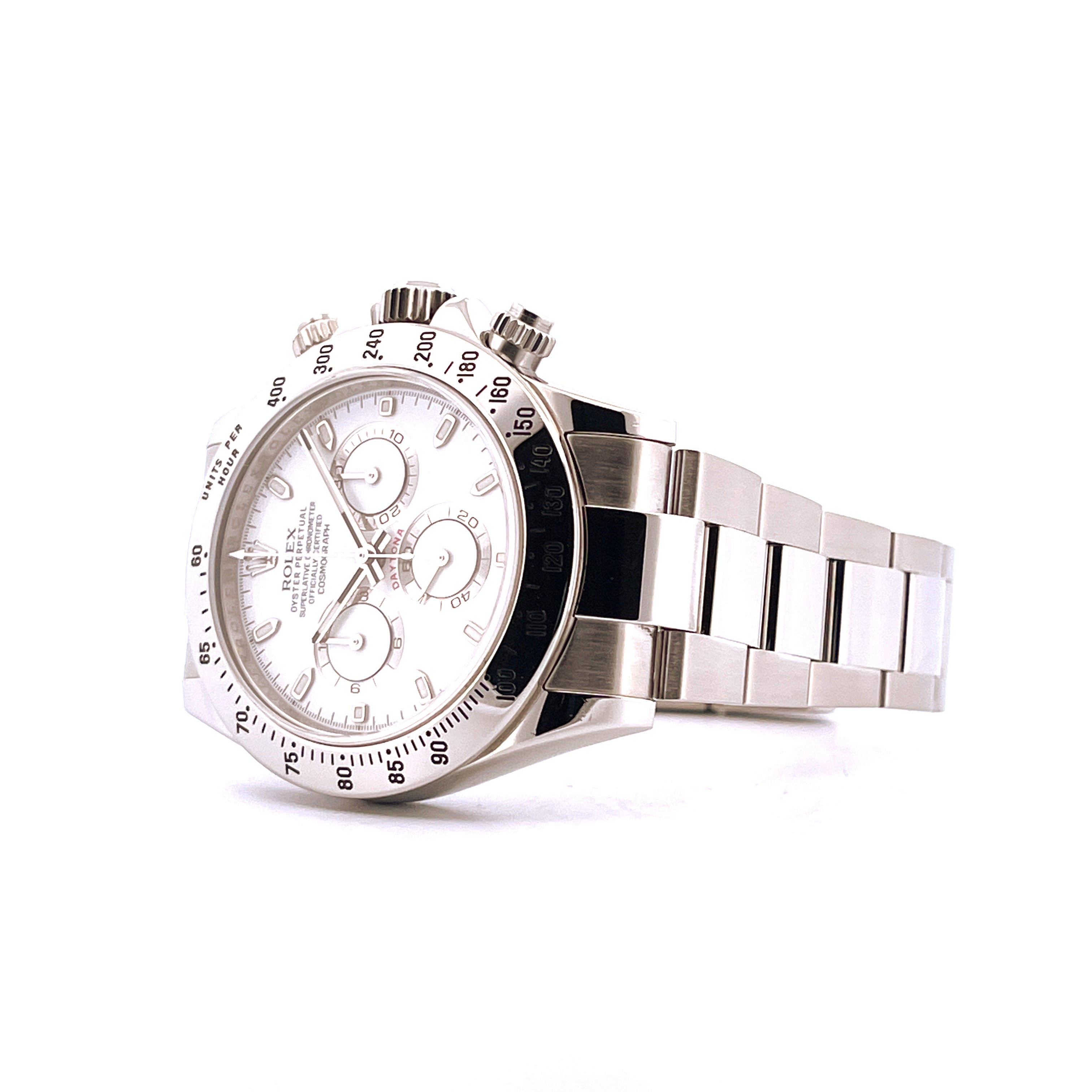 Rolex Daytona 116520 White im Seitenprofil auf weißem Hintergrund mit Edelstahlarmband