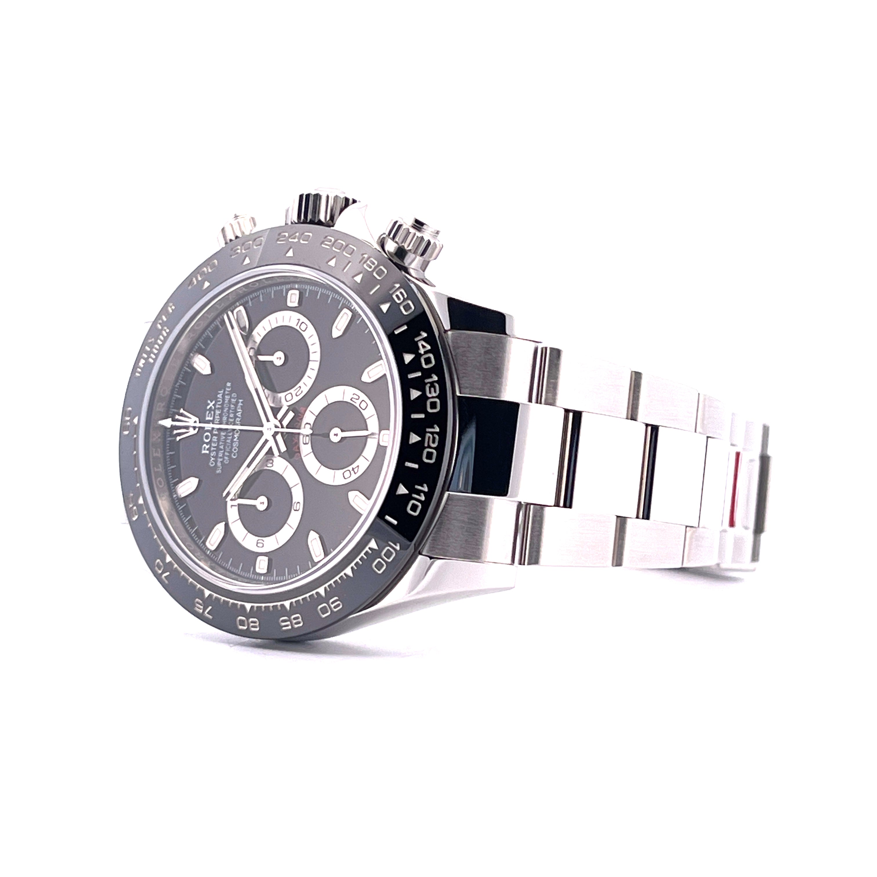 Rolex Daytona 116500LN Stahl Automatik mit schwarzem Zifferblatt, von der Seite auf weissem Hintergrund