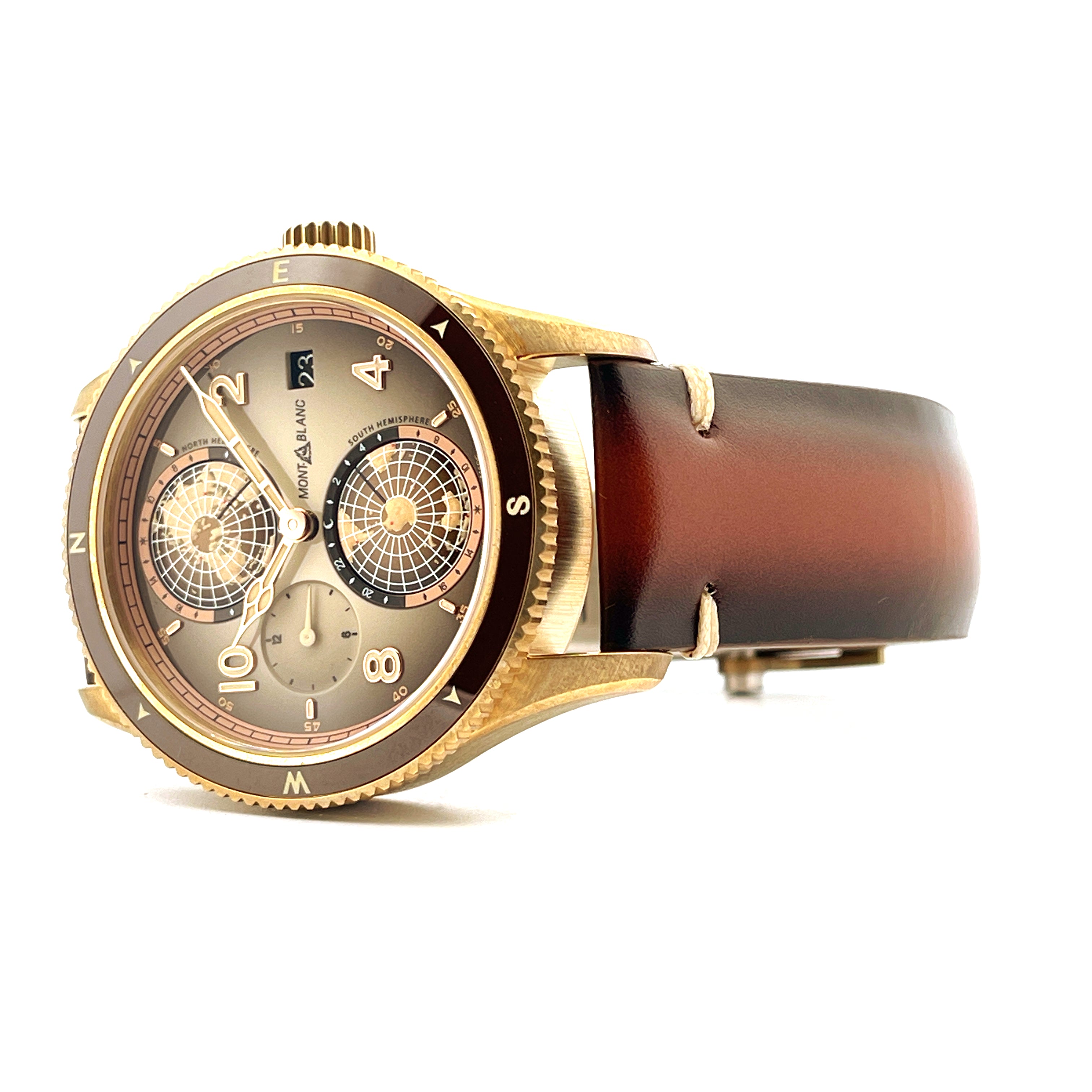 Montblanc 1858 Geosphere Automatik Uhr in Bronze mit braunem Lederarmband und zwei Zifferblättern