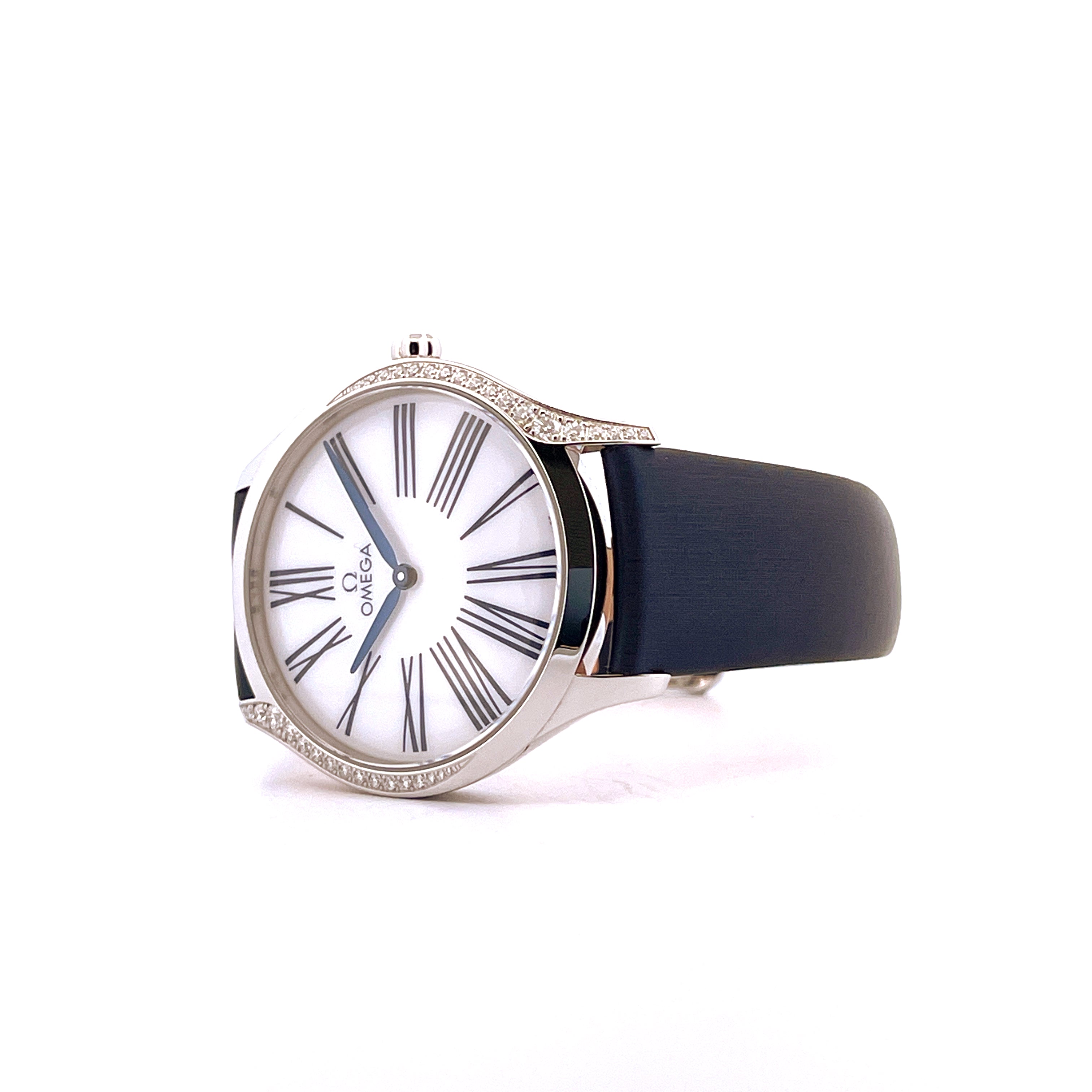 Omega De Ville Tresor Quartz in Edelstahl mit besetztem Ring und blauem Lederband