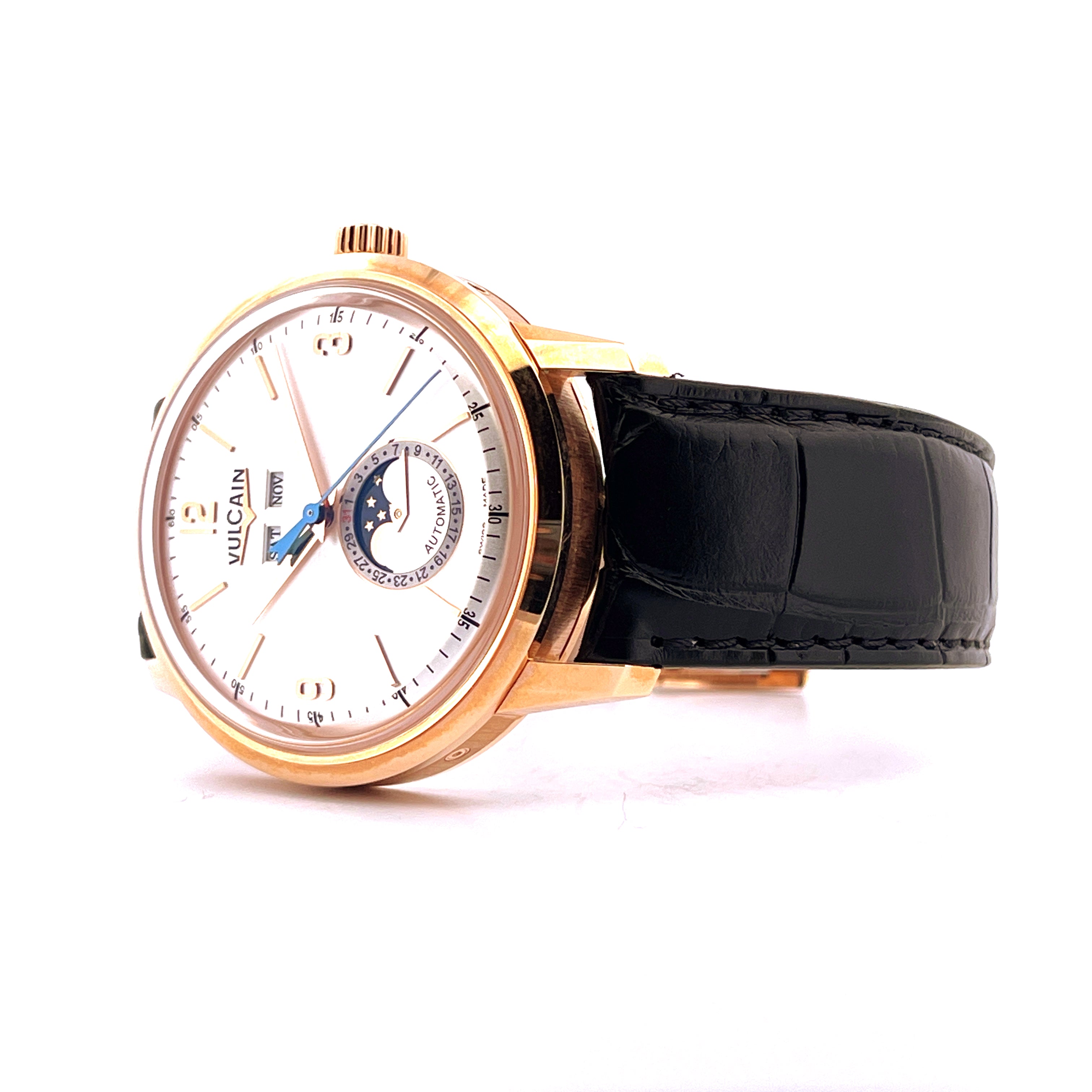 Vulcain 50s Presidents Moonphase in Roségold mit schwarzem Lederband mit Mondphasenanzeige
