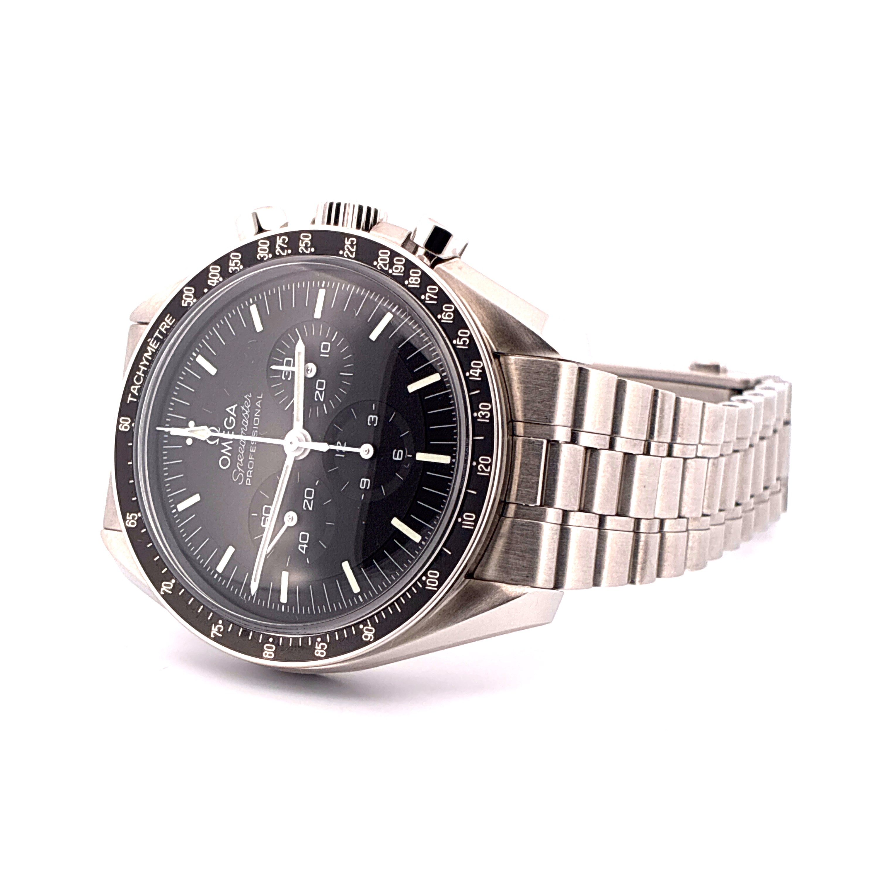 Omega Speedmaster Professional Moonwatch Edelstahl Automatik mit schwarzem Zifferblatt und Stahlband