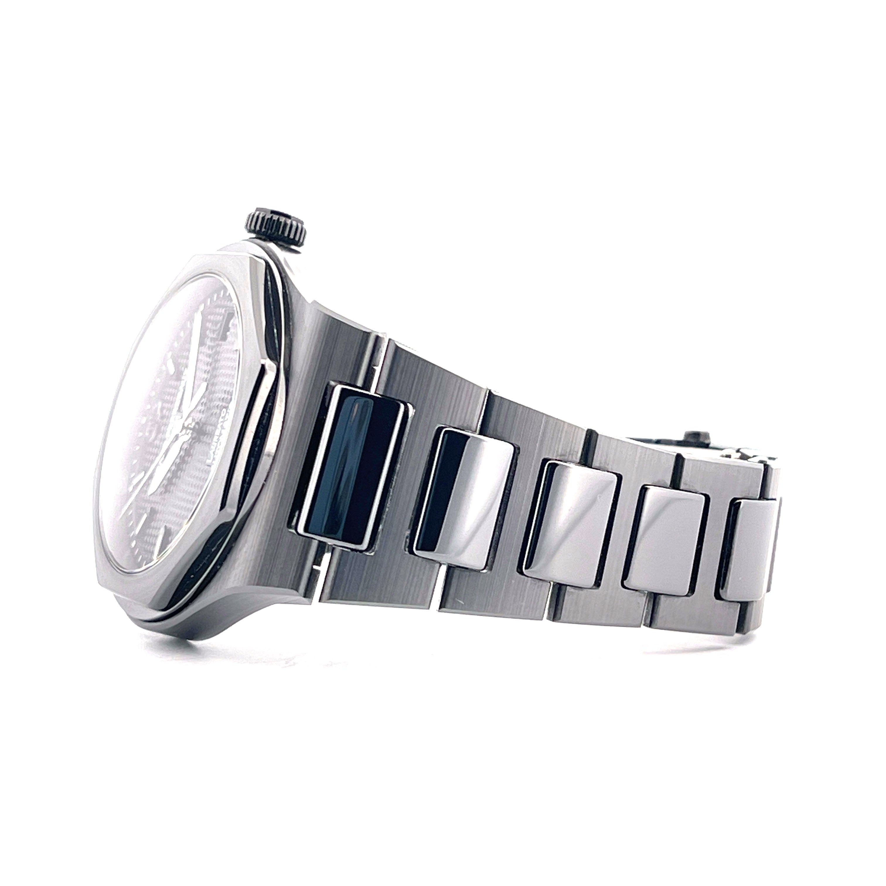 Girard Perregaux Laureato 38 Ceramic Automatik, Seitenansicht des Keramikgehäuses und Armbands mit Anthrazit-Einlagen auf…