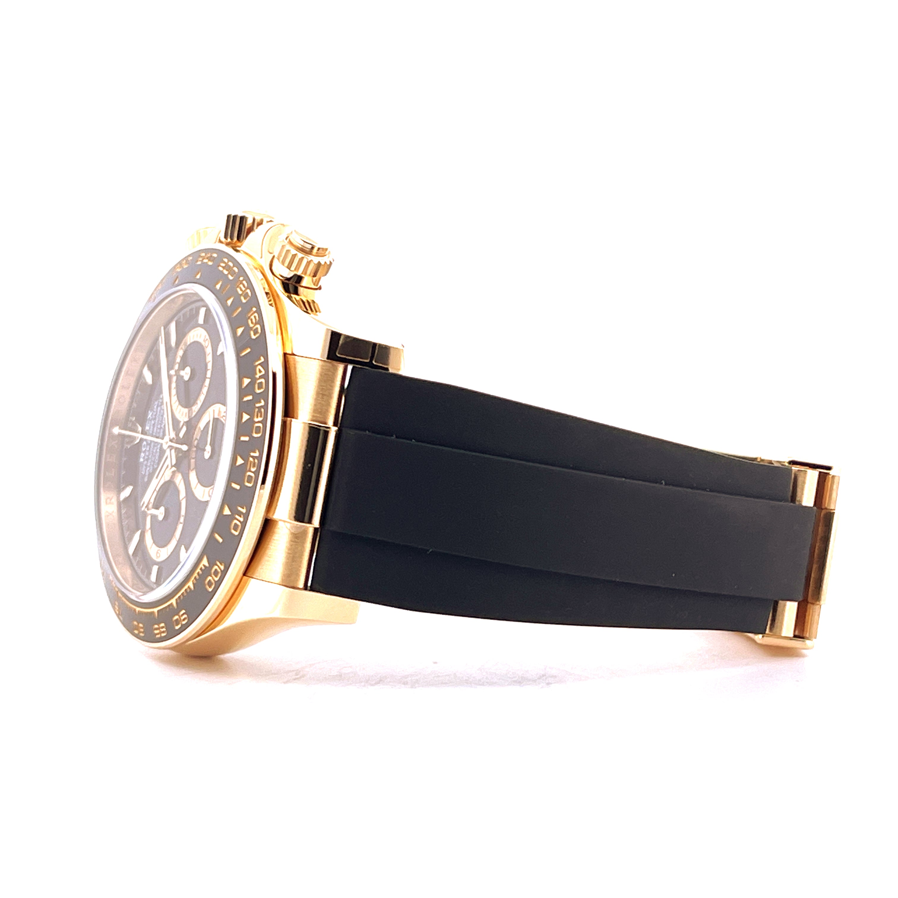 Rolex Daytona Gold Oysterflex 126518LN Seitenansicht mit gelbgoldenem Gehäuse und schwarzem Oysterflex Armband