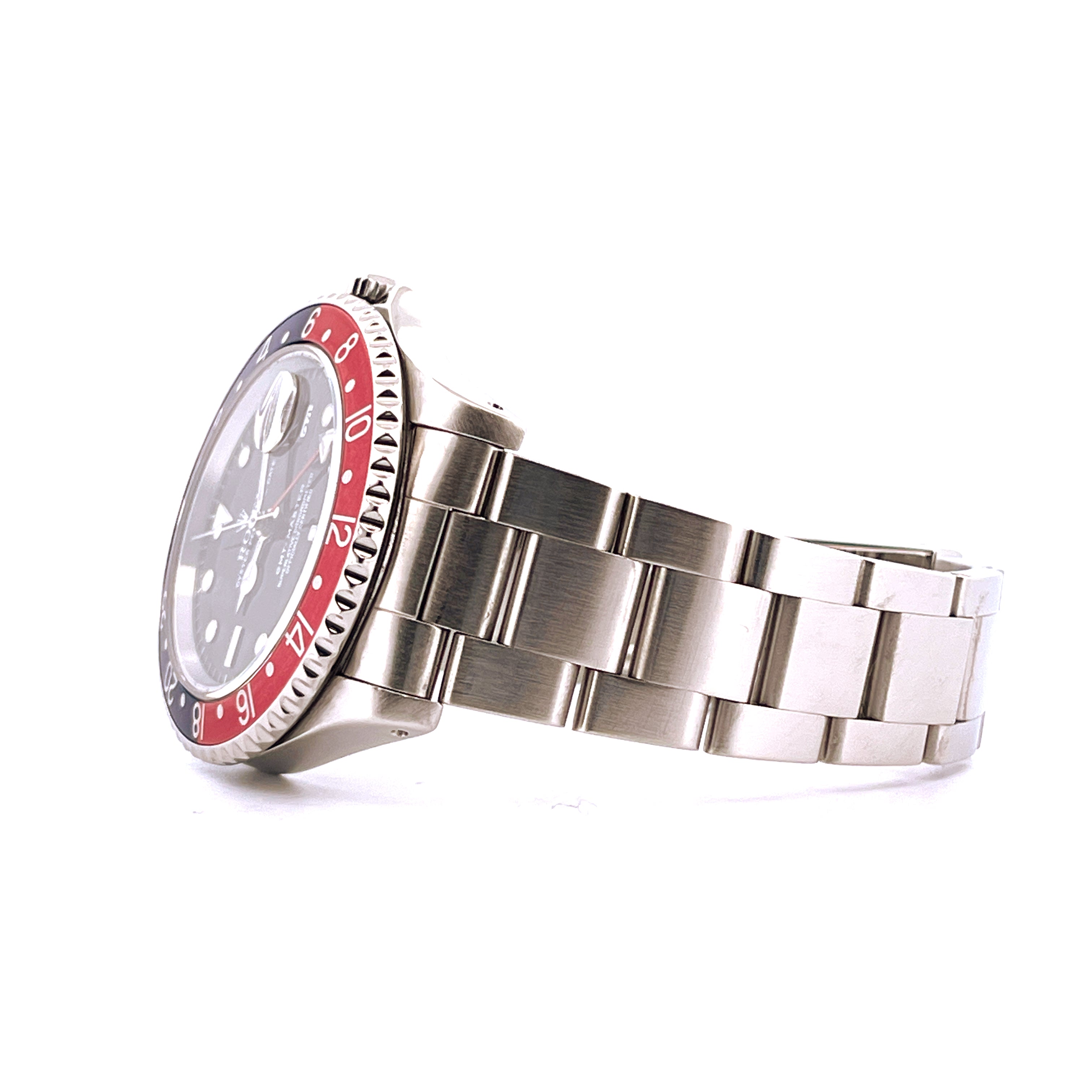 Rolex GMT-Master Ref. 16700 Oyster Seitenansicht Stahlgehäuse rot-blaue Lünette Stahlband auf weißem Hintergrund