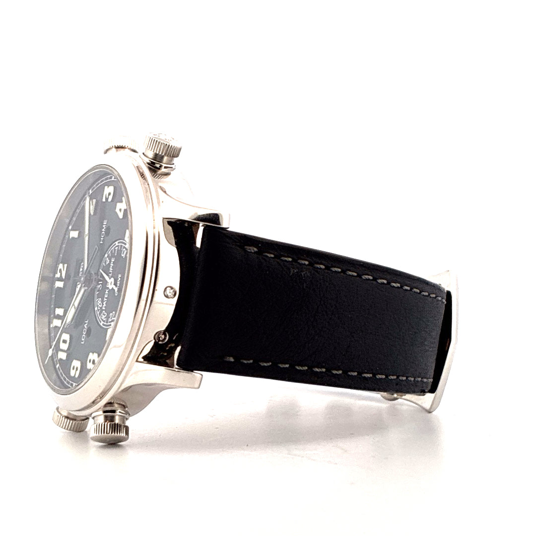Patek Philippe Grandes Complications Alarm Travel Armbanduhr im Seitenprofil mit schwarzem Lederarmband