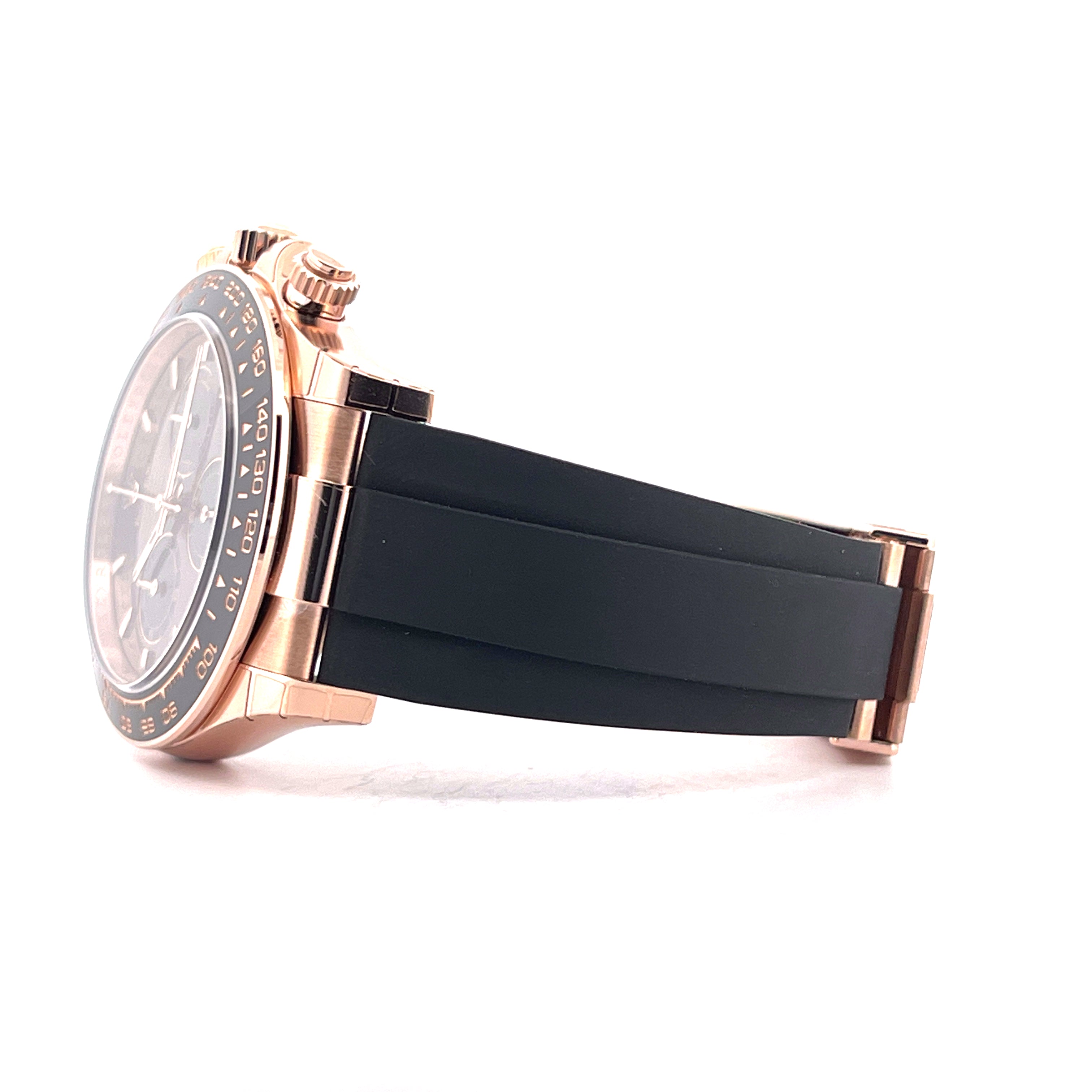 Rolex Cosmograph Daytona Chocolate 126515LN in Roségold mit schwarzem Kautschukband, Seitenansicht